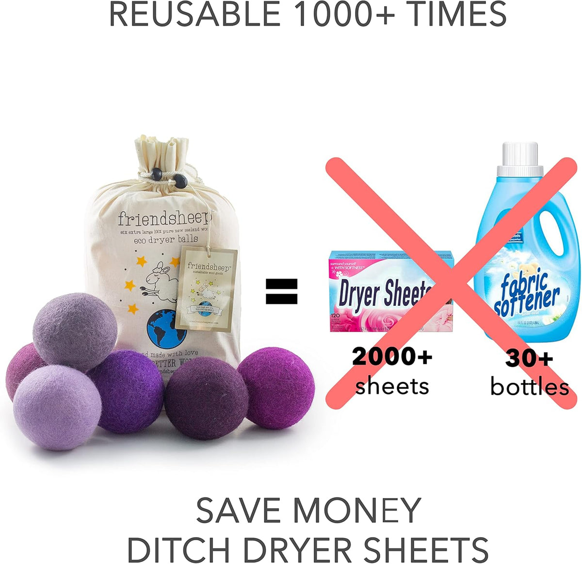 Friendsheep Wool Dryer Balls Purple 6 Pack XL Organic Premium Reusable Cruelty Free Handmade Fair