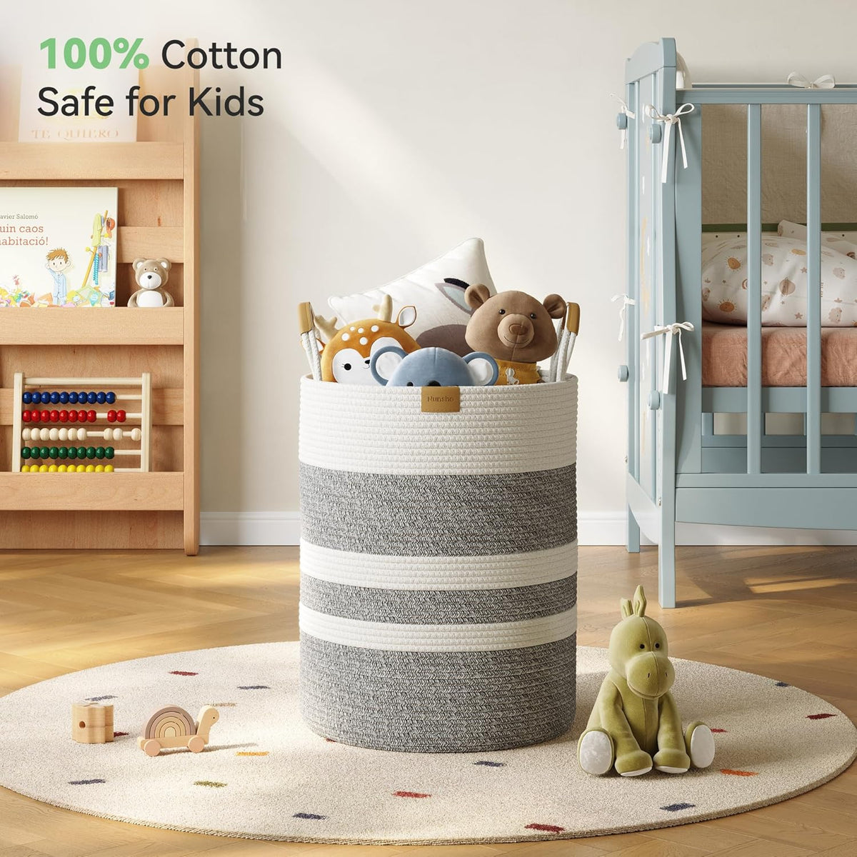 62L Striped Laundry Hamper with Leather Handles,Large Foldable Laundry Basket for Clothes,Cotton