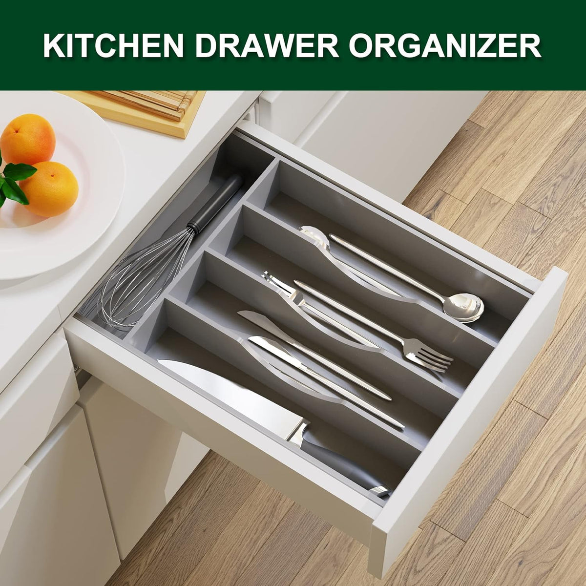 Bellsal Grey Utensil Organizer 10 Inch Silverware Tray for Drawer Utensil Holder Cutlery Organizer