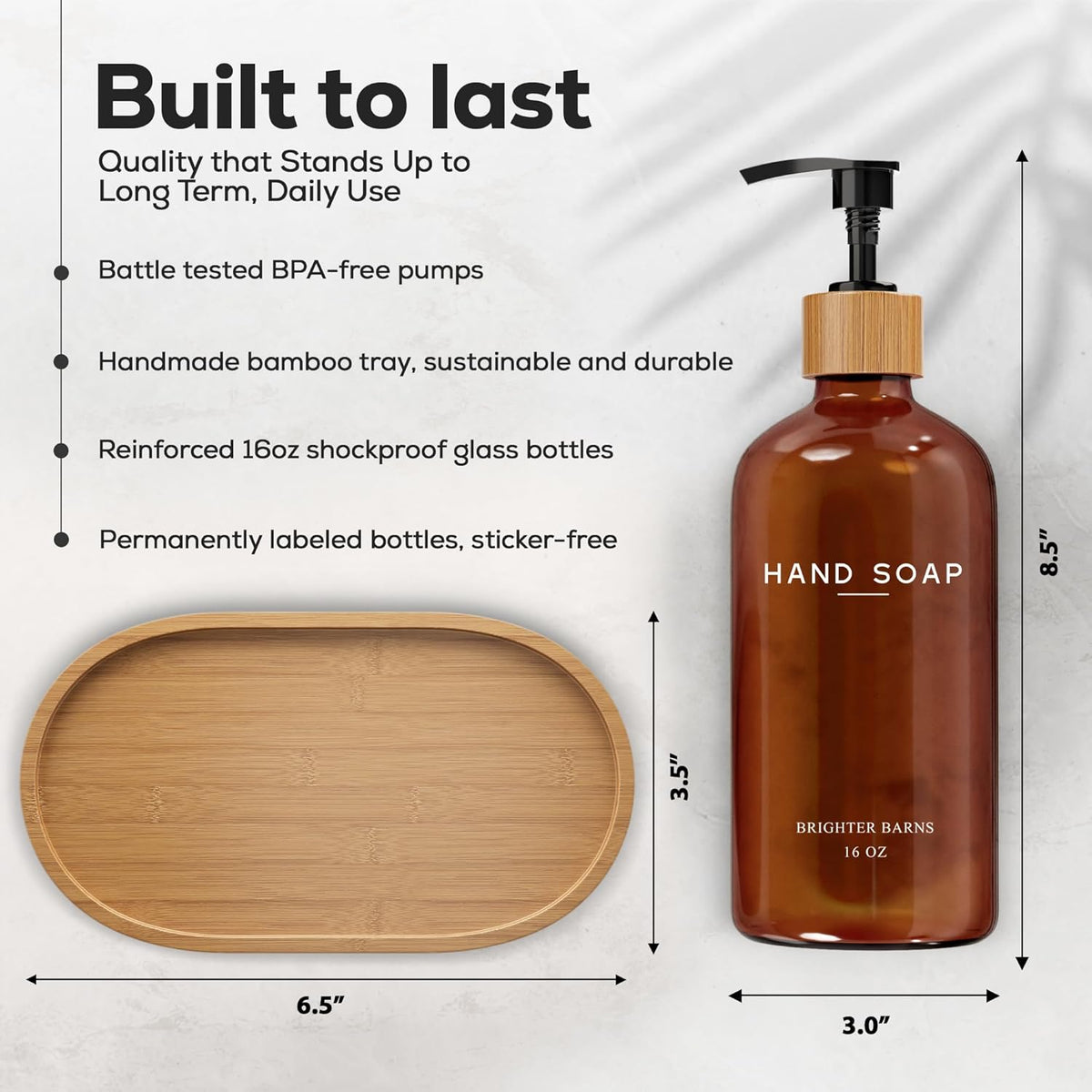 Amber Glass Soap and Lotion Dispenser Set with Tray by Brighter Barns - Hand Soap Dispenser
