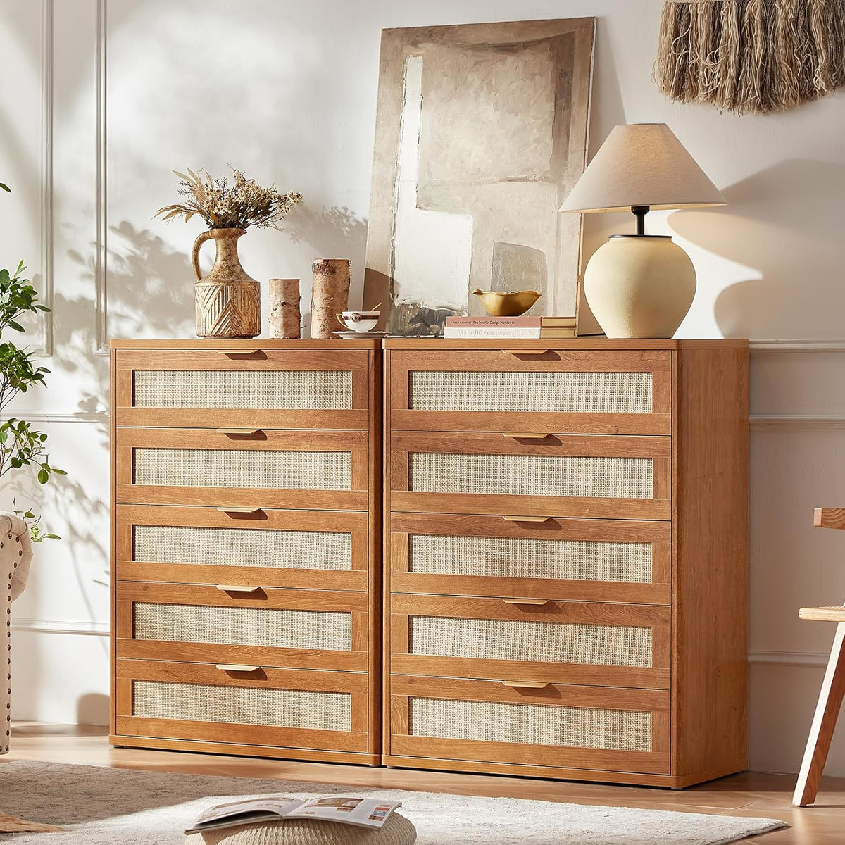 LEYAOYAO Dresser for Bedroom, 41" Tall Chest of Drawers, Modern 5 Drawers Boho Rattan Dressers with