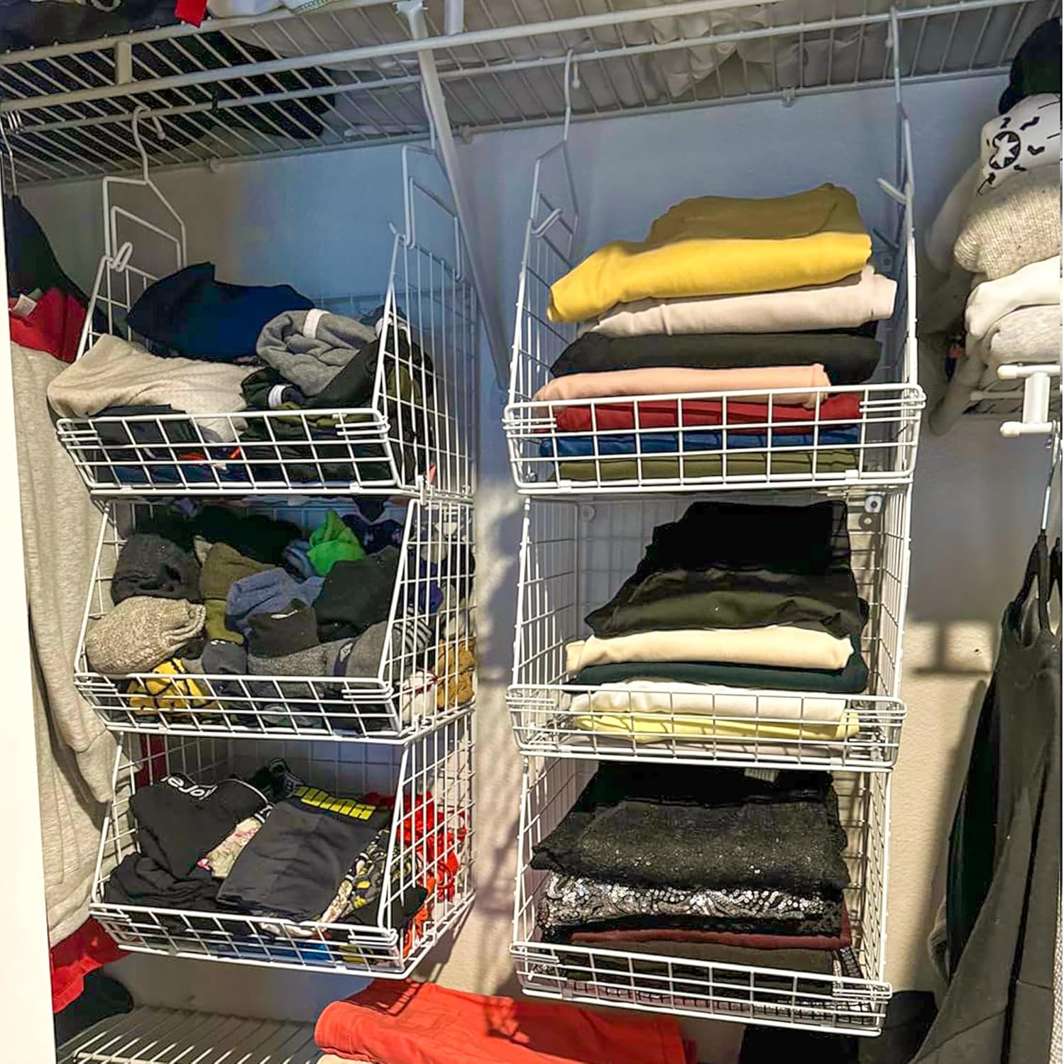 X-cosrack 3 Tier Foldable Closet Organizer, Clothes Shelves with 5 S Hooks, Wall Mount&Cabinet Wire