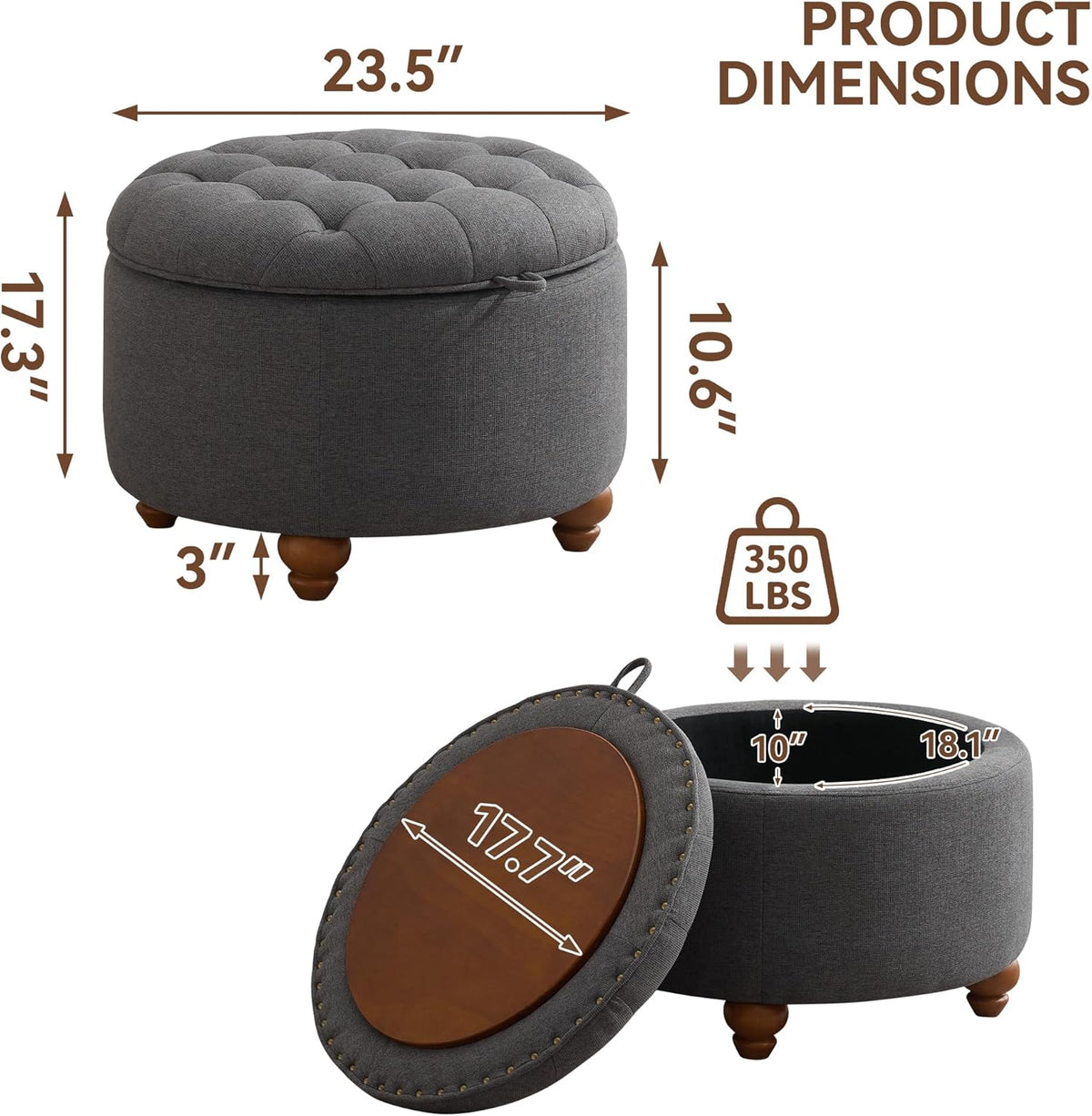 24Inch Round Storage Ottoman with Tray, Modern Tufted Fabric Circle Coffee Table with Storage