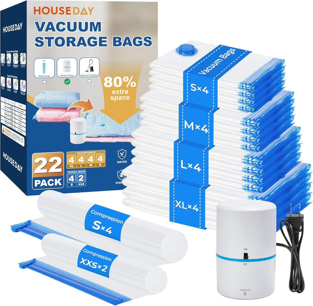 HOUSE DAY 22 Pack Vacuum Seal Bags For Clothing Travel, 80% Space Saving Travel Vacuum Bags with
