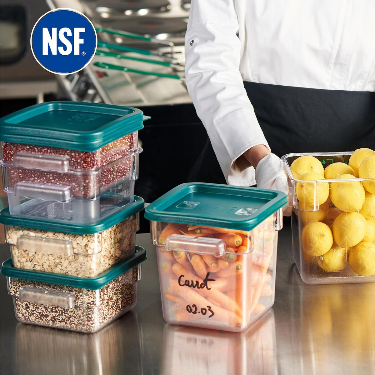 CURTA 4-Pack Food Storage Containers with Green Lids - 2 Qt & 4 Qt Square Clear Polycarbonate - NSF