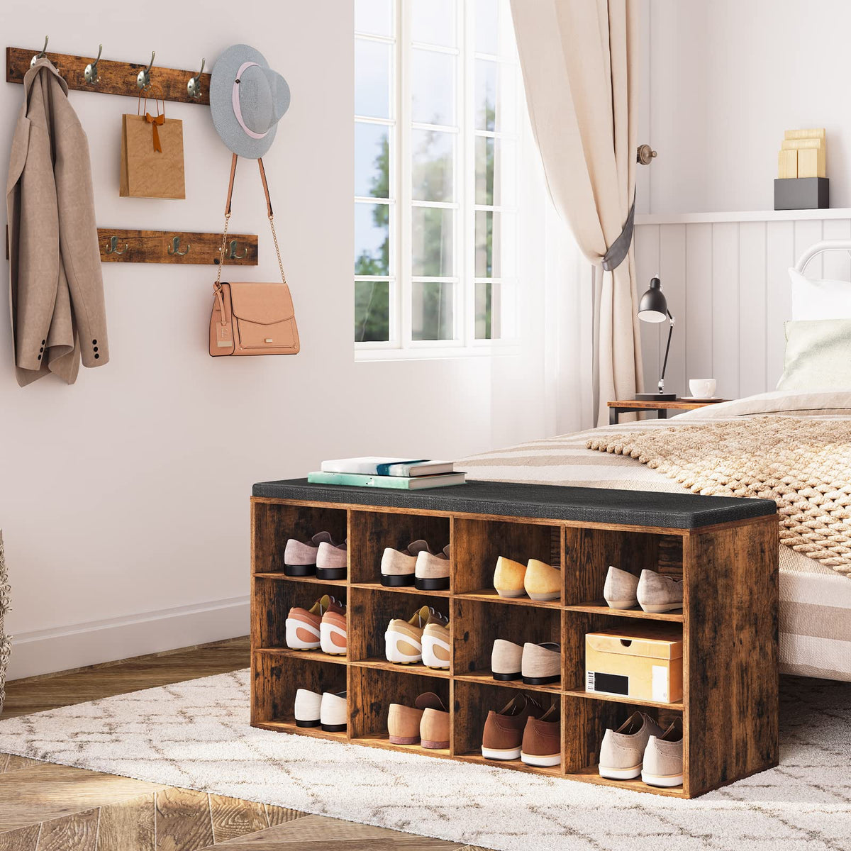 HOOBRO Shoe Storage Bench with Cushion, 39.4" L Entryway Bench with 12 Cubbies, Entryway Hall Tree