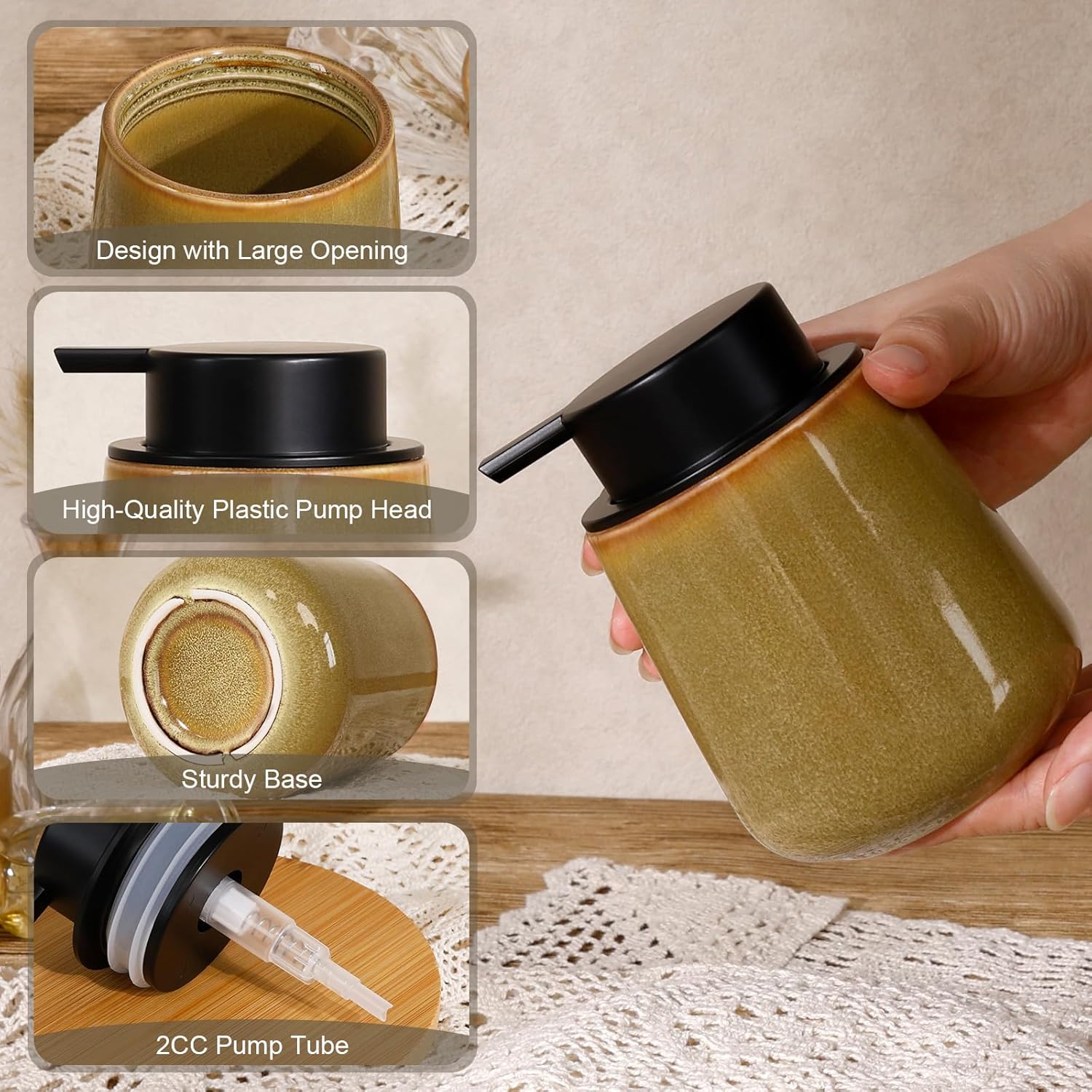 INGOFIN Ceramic Lotion Dispenser - 12 oz Refillable Hand Soap Dispenser Bathroom, Modern Liquid