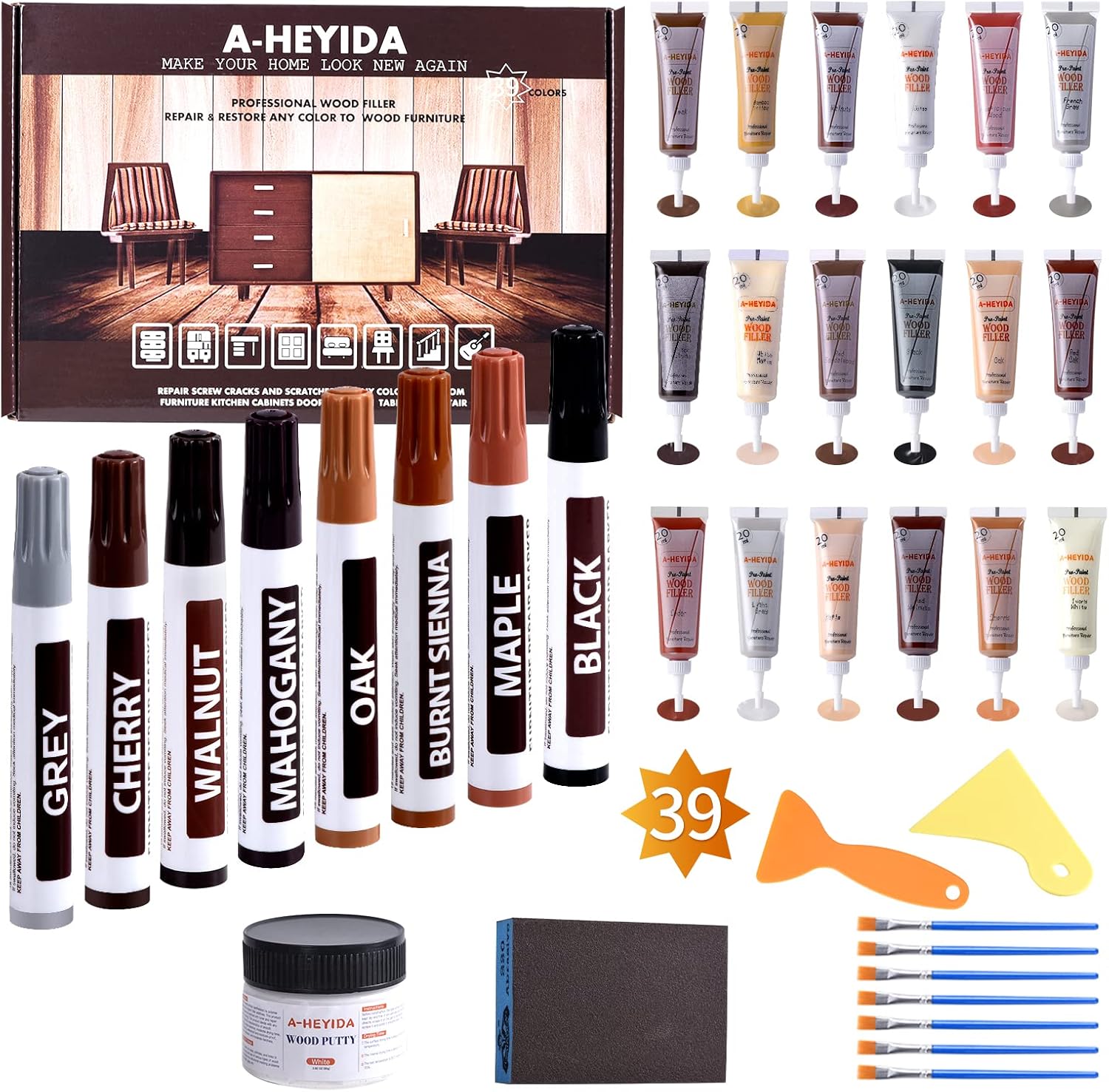 Wood Floor Scratch Repair - Set of 39 - Hardwood Floor Repair Kit Wood Filler Putty, Wood Markers