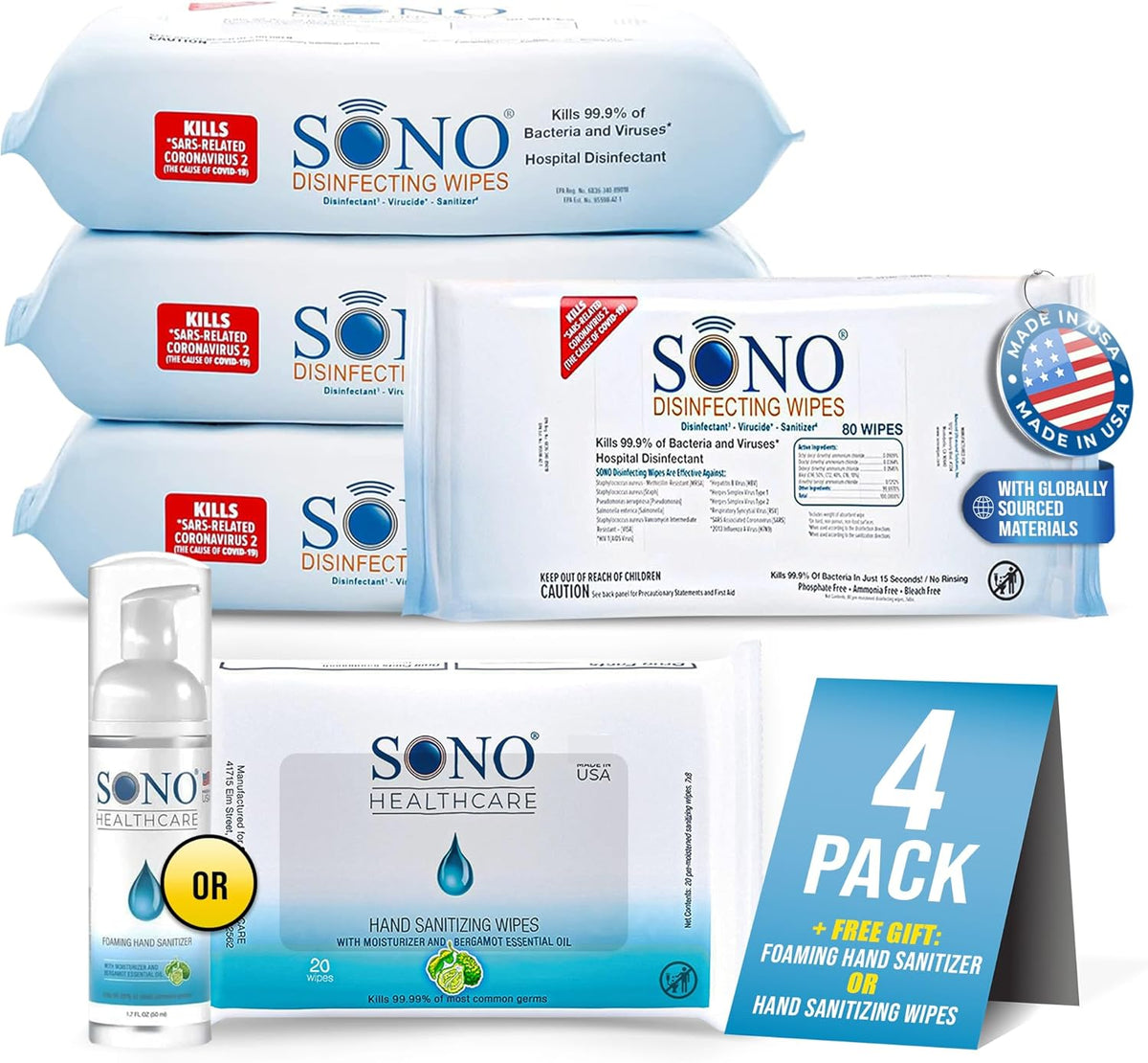 SONO Disinfecting Wipes - Antibacterial, No Alcohol & Bleach, Medical-Grade, All-Purpose - School