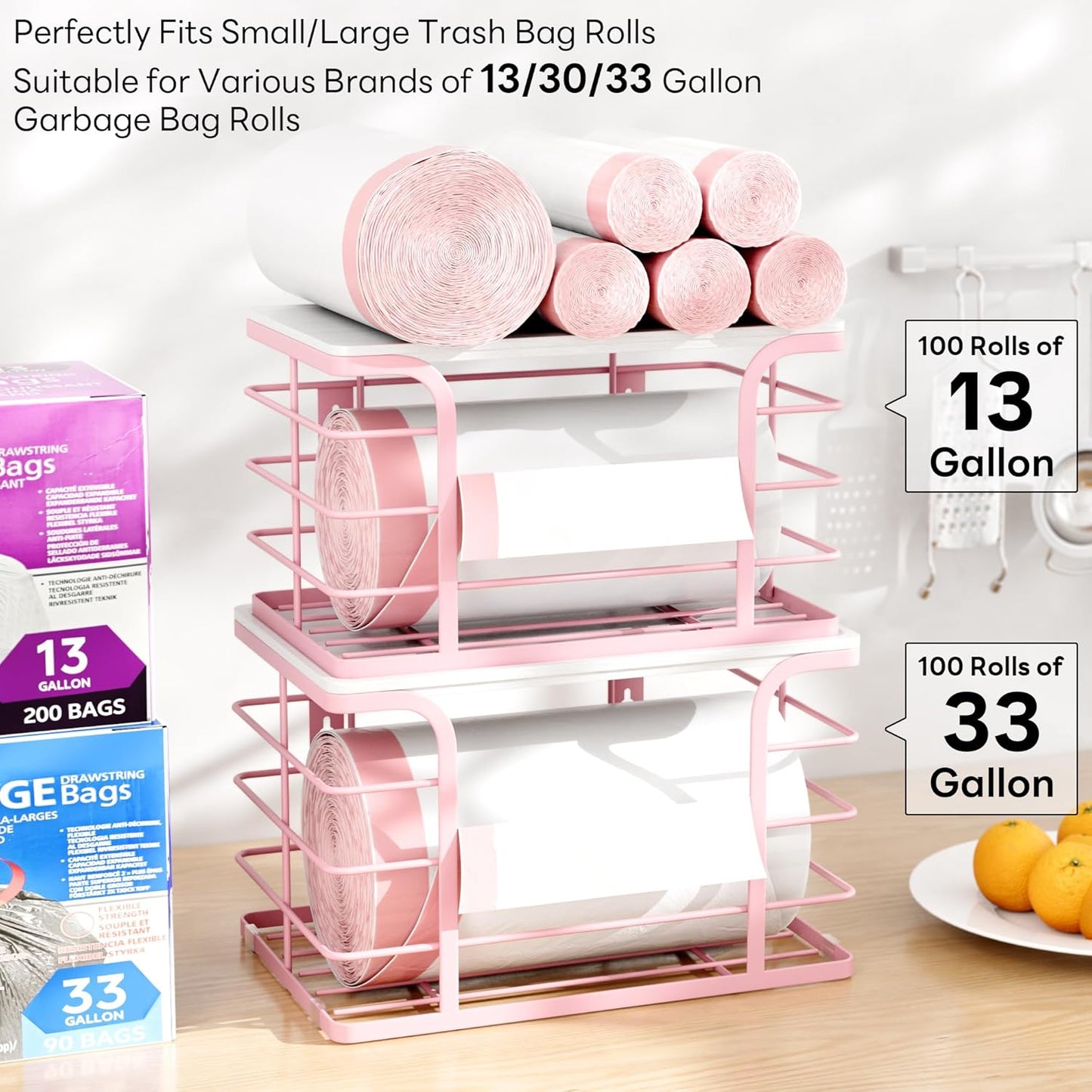 2 Pack Extra Large Stackable Pantry Storage with Bamboo Top,Wall Mount Trash Bag Dispenser Roll