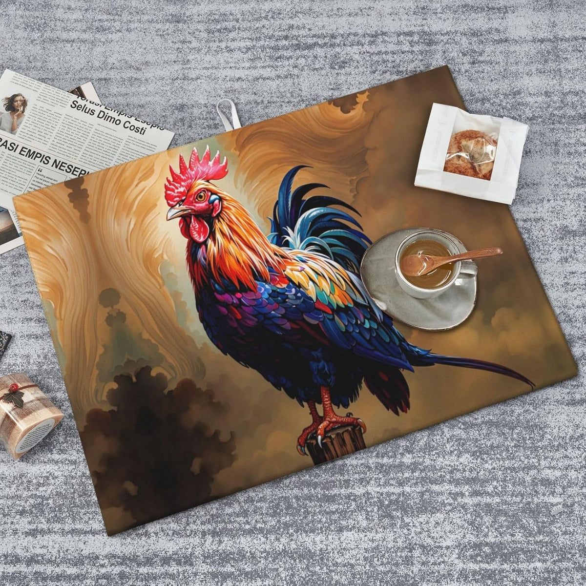 Rooster Dish Drying Mat Highly Absorbent Double-Sided Microfiber with Hanging Loop Reversible Drain