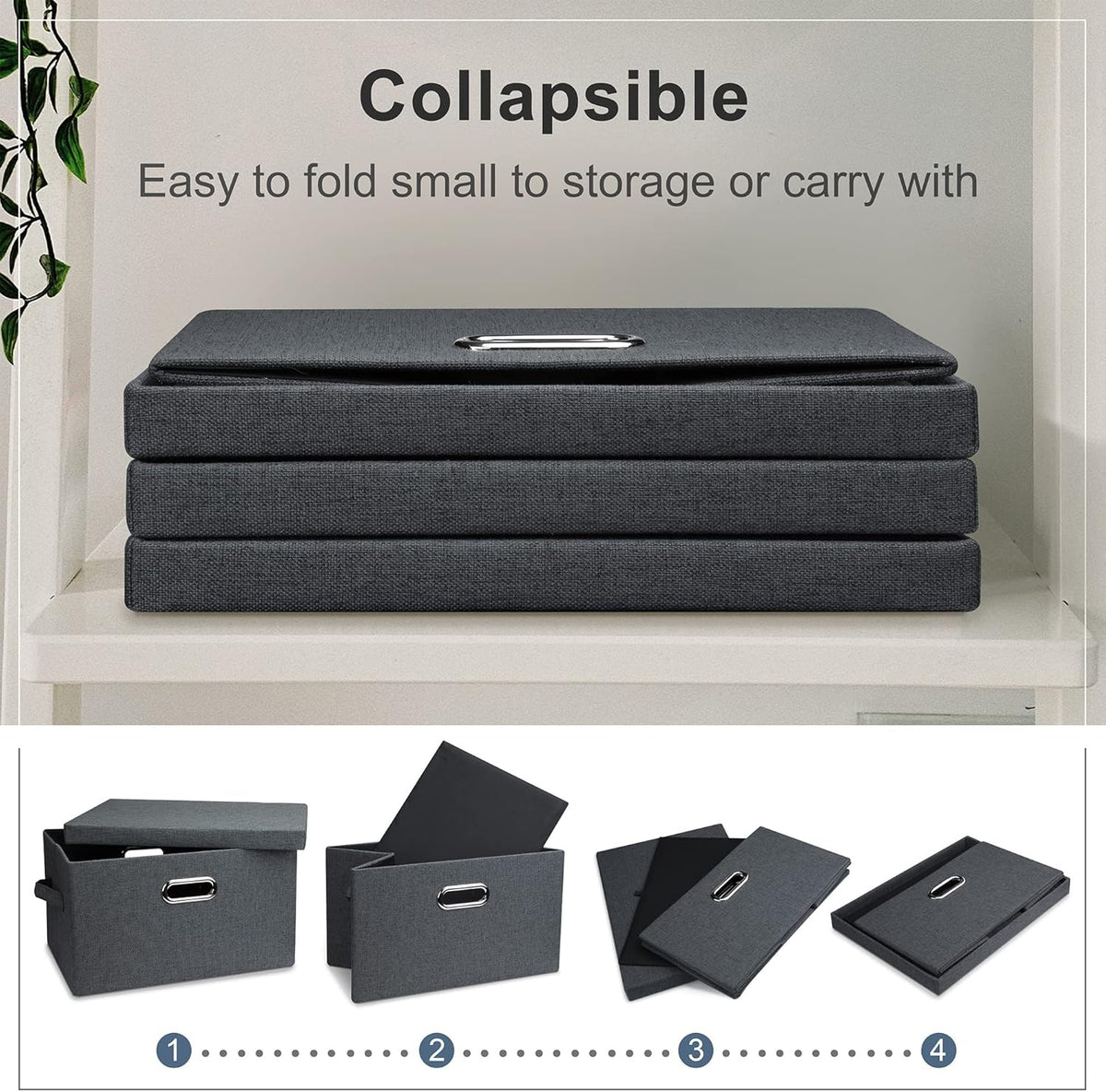 Medium 15" 21 Quart Collapsible Stackable Storage Bins with Lids, 3 Packs Dark Grey Foldable Fabric