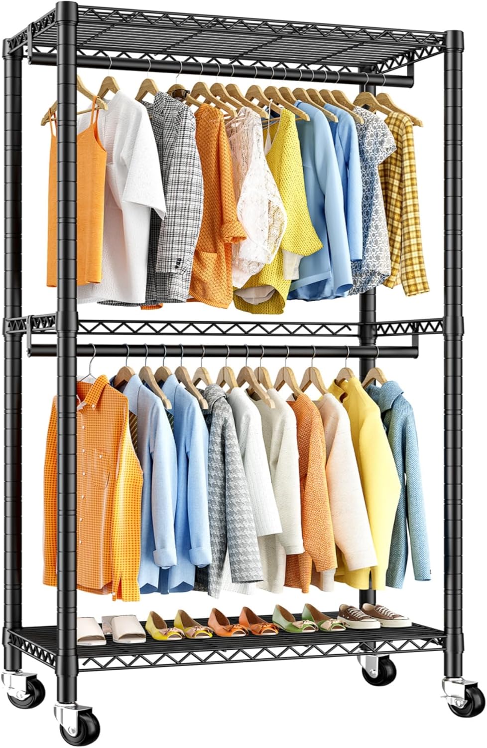 Raybee Heavy Duty Clothing Rack with Wheels,Rolling Clothes Rack for Hanging Clothes,Portable,2