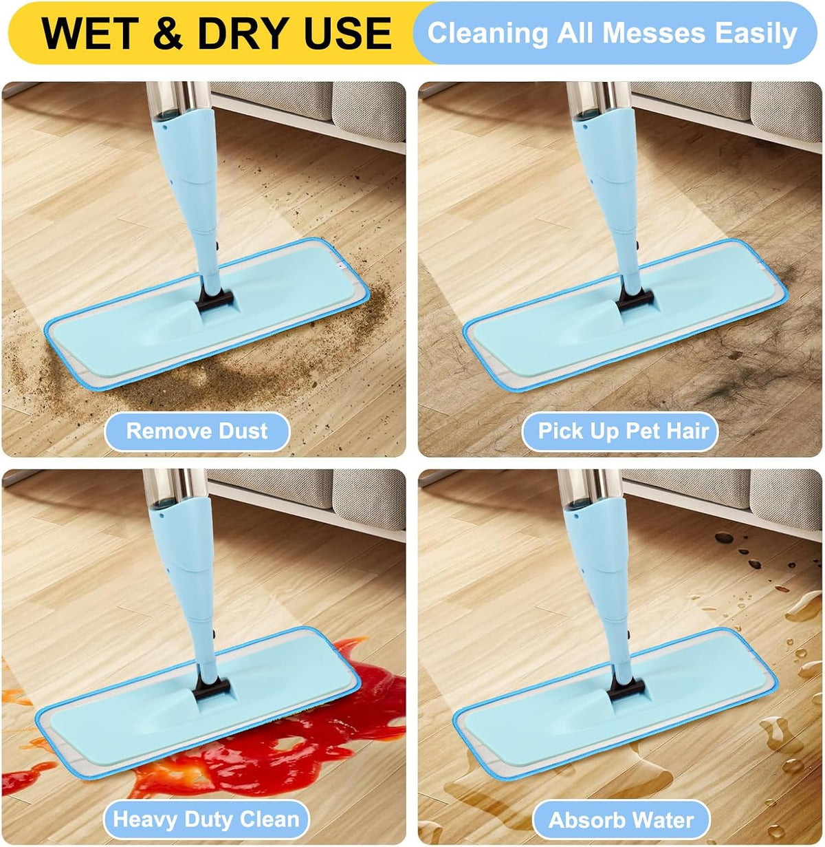 8 Pack 16.5 inch Reusable Mop Pads Microfiber Spray Mop Replacement Heads for Wet/Dry Mops