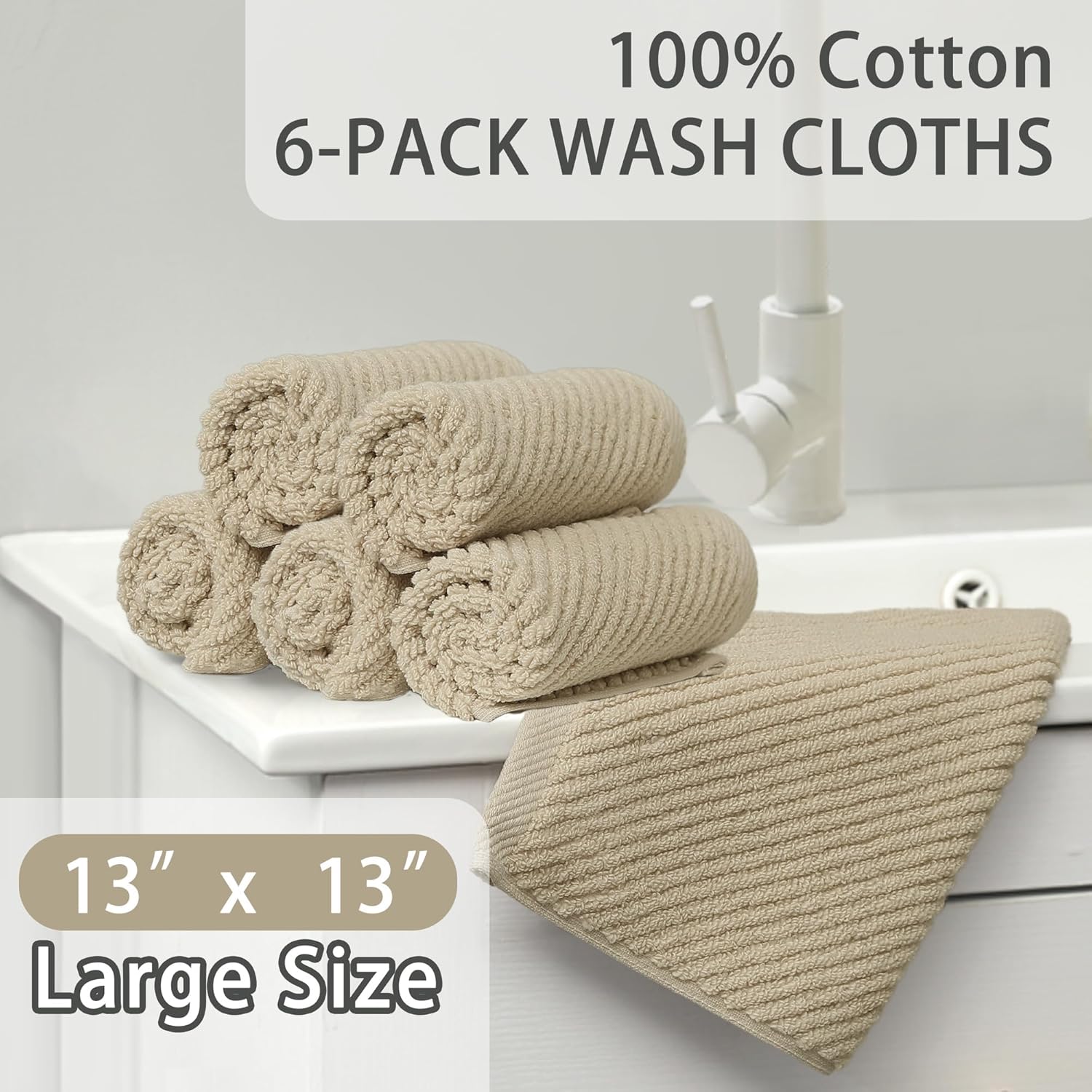 VOOVA & MOVAS Beige Face Cloths, (6PC, 13"x13") - 100% Cotton | Lightweight | Thick | Quick Dry |