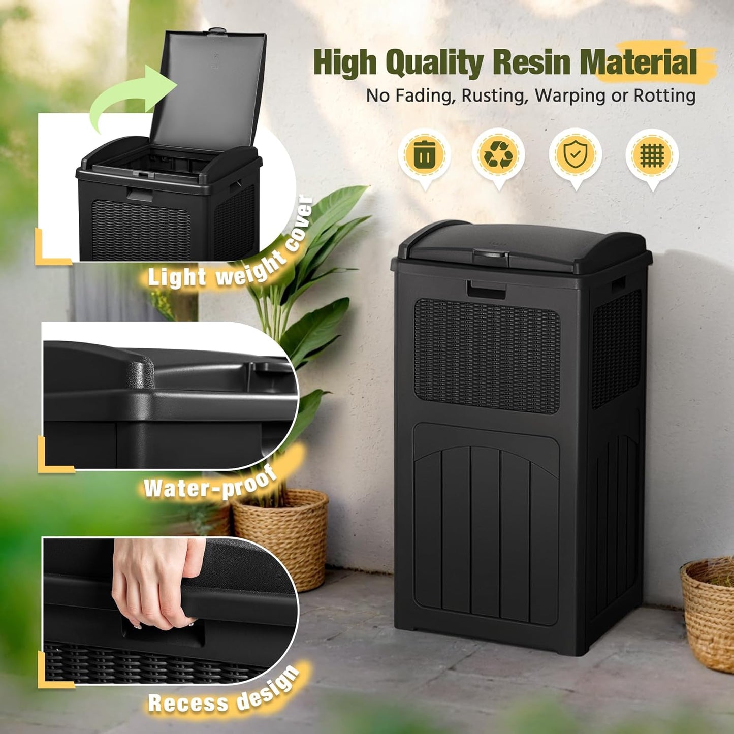 Devoko 33 Gallon Outdoor Trash Can with Dual Lid, Heavy Duty Waterproof Resin Garbage Bins Outside