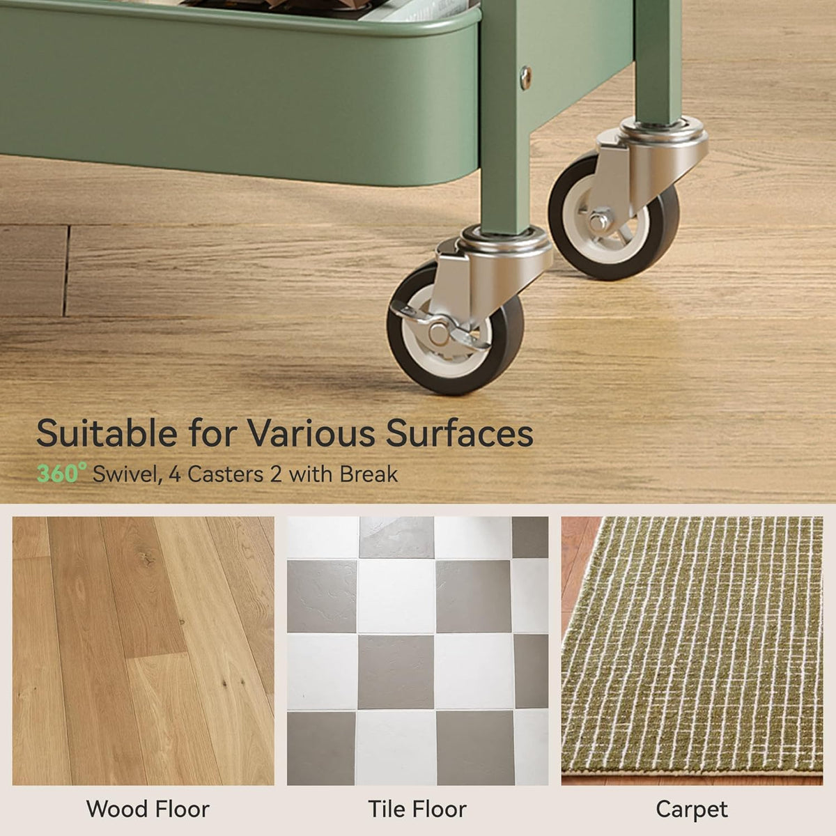 3 Tier Rolling Cart,Utility Cart with Locking Wheels, Hanging Cups,&Hooks, Heavy Duty Metal Storage