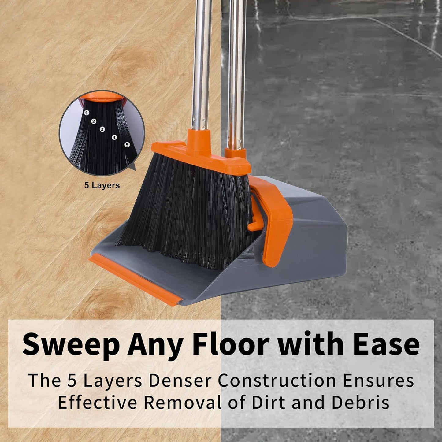 Broom and Dustpan Set with 51'' Long Handle, Upright Broom and Dustpan Combo for Home Kitchen