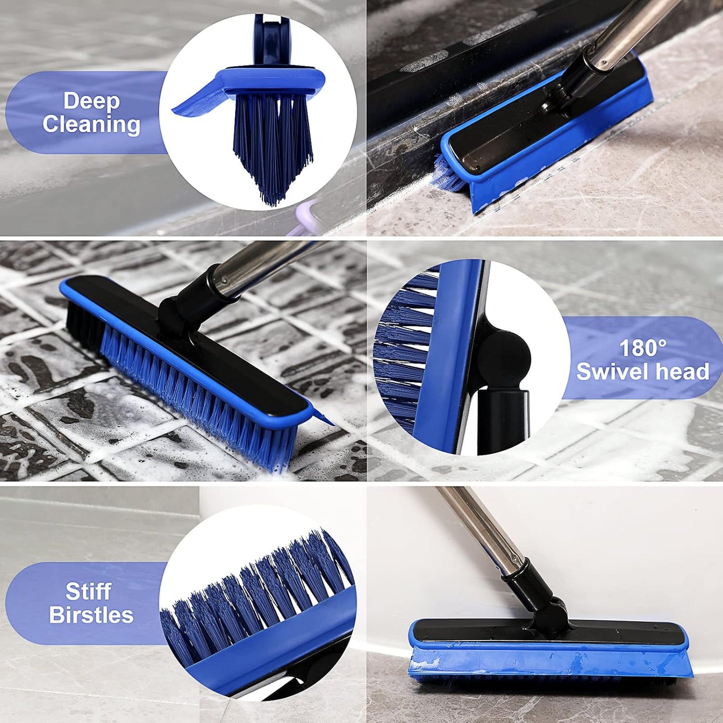 2 in 1 Floor Scrub Brush Grout Brush with 57.8" Long Handle,120°Rotatable Shower Tile Grout