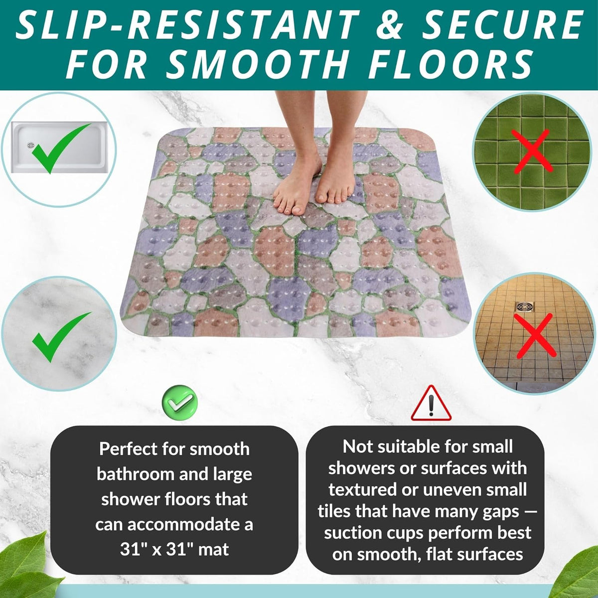 ENKOSI Extra Large Square Non Slip Shower Mat - 31 x 31-inch XL Bathroom Shower Mat - Square Shower