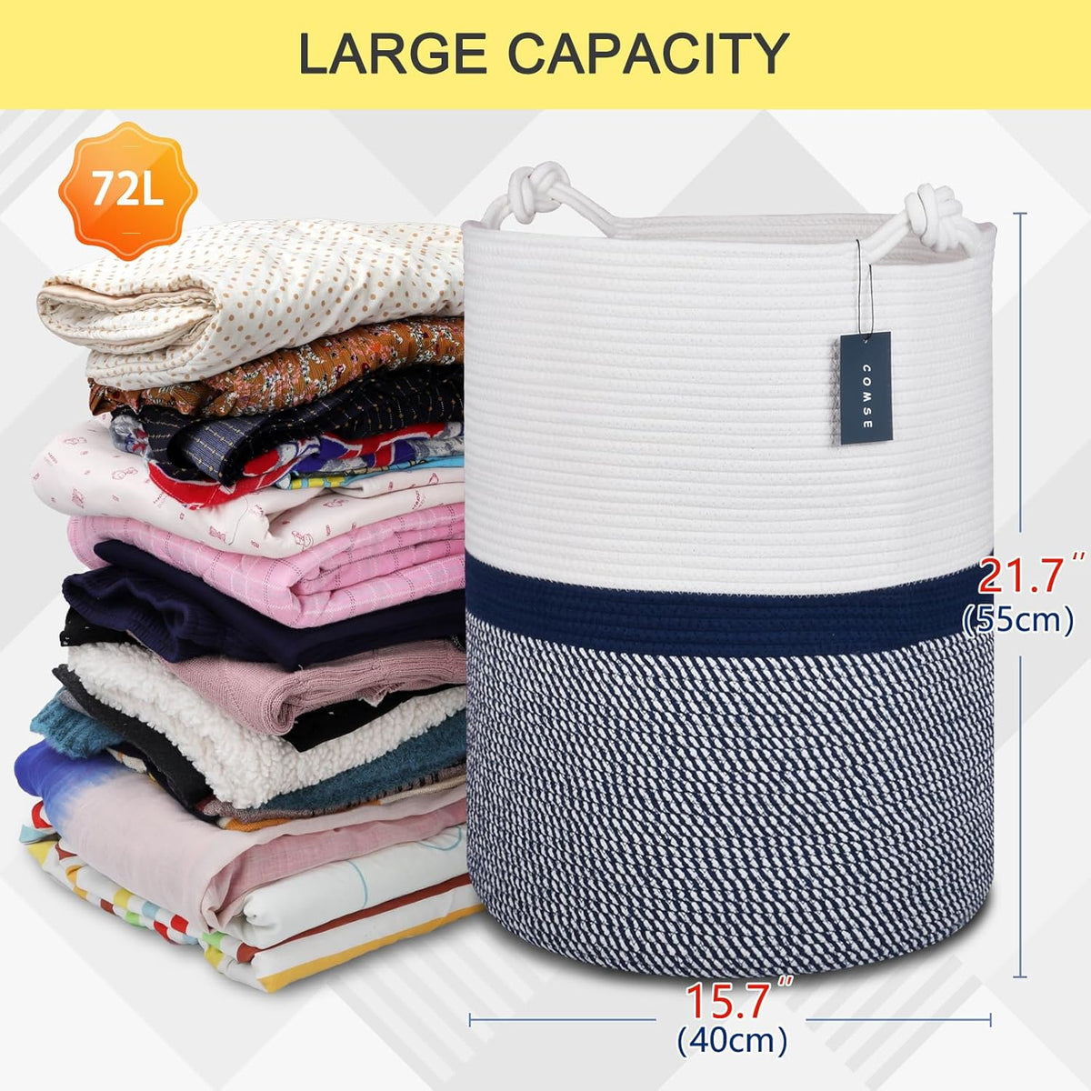 COMSE Extra Large Blanket Basket, Tall Woven Storage Basket, Nursery Hamper, 15.7”x 21.7”, Cotton