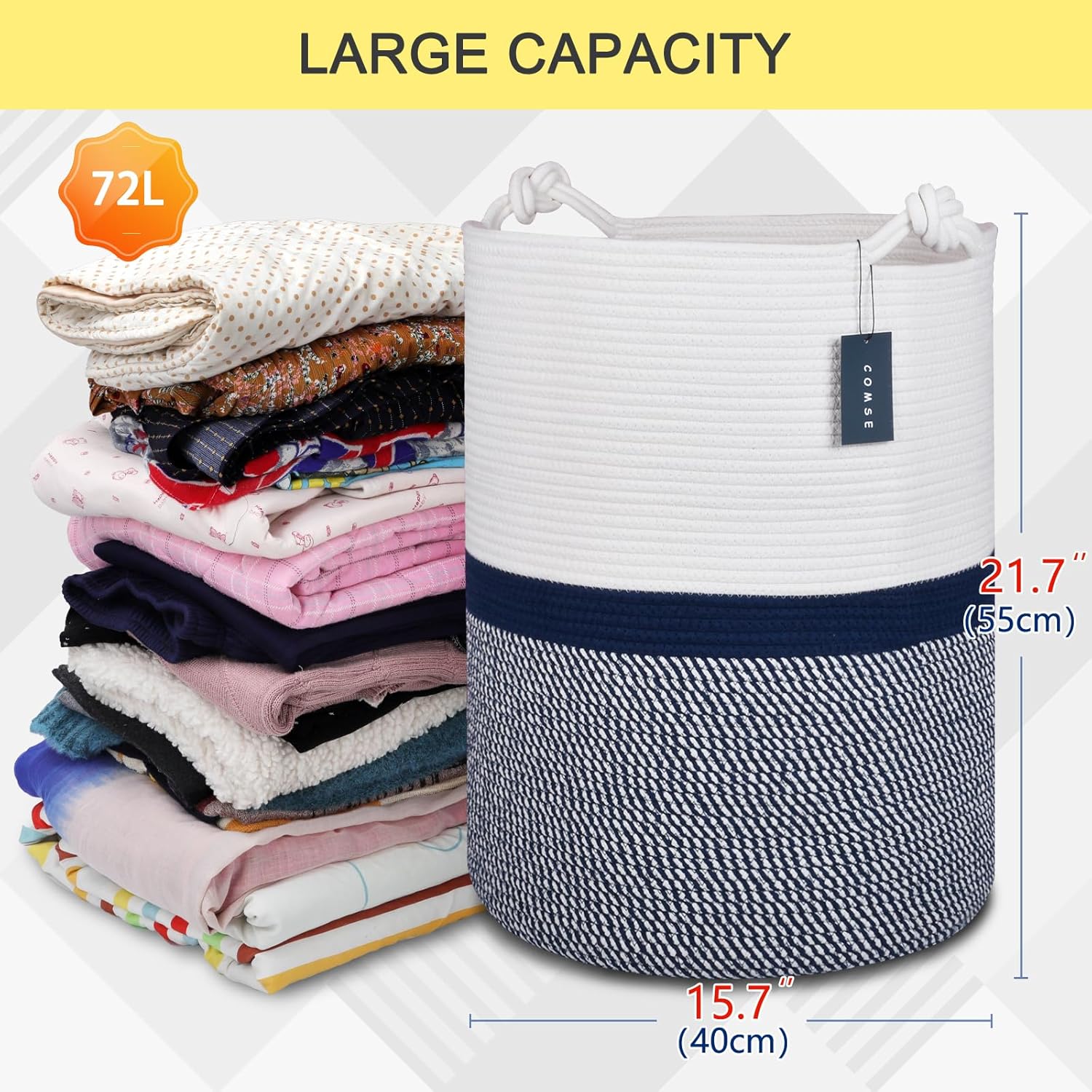 COMSE Extra Large Blanket Basket, Tall Woven Storage Basket, Nursery Hamper, 15.7”x 21.7”, Cotton