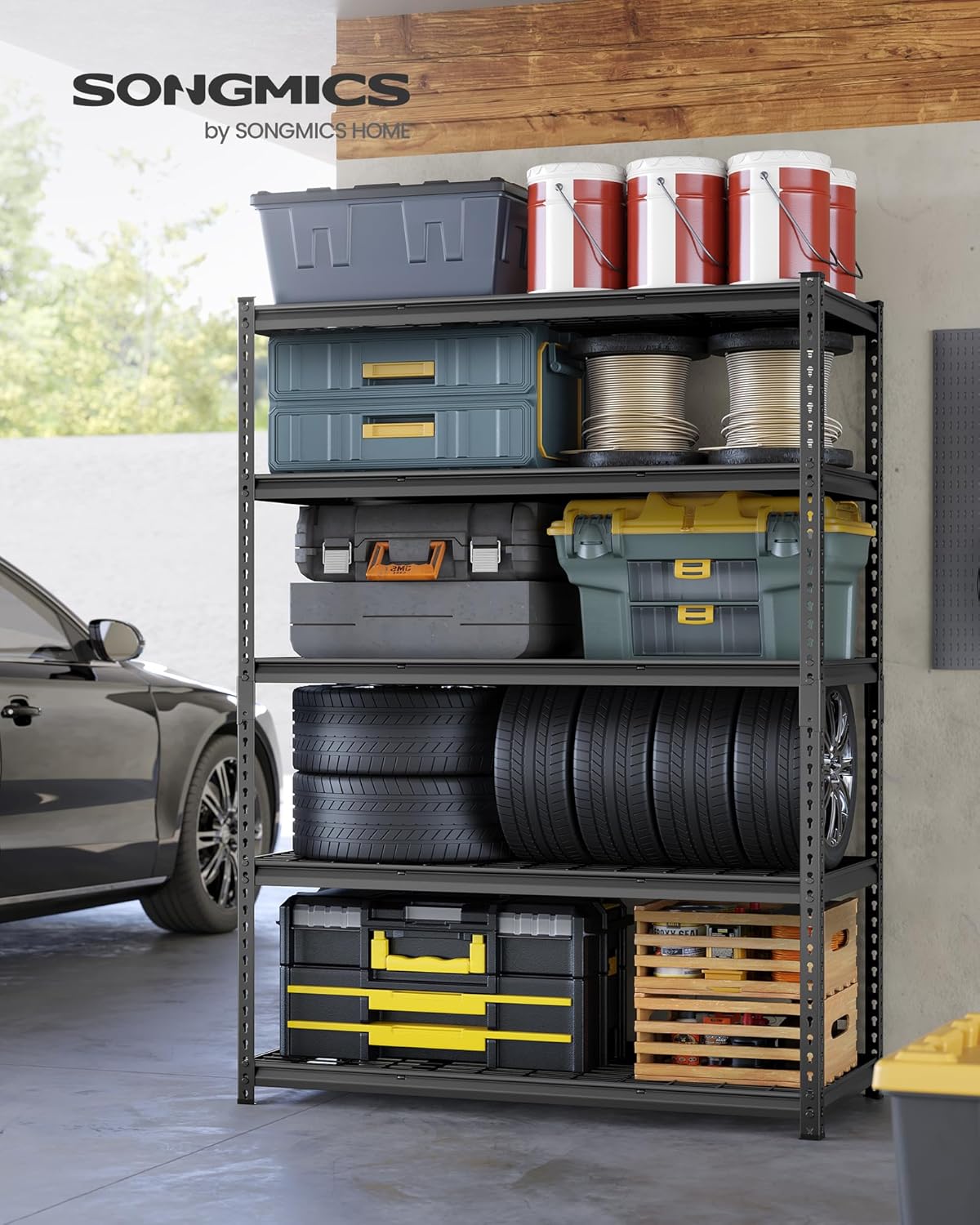 SONGMICS 5-Tier Storage Shelves, Heavy-Duty Garage Shelving, Adjustable Shelving Unit, Steel Shelf