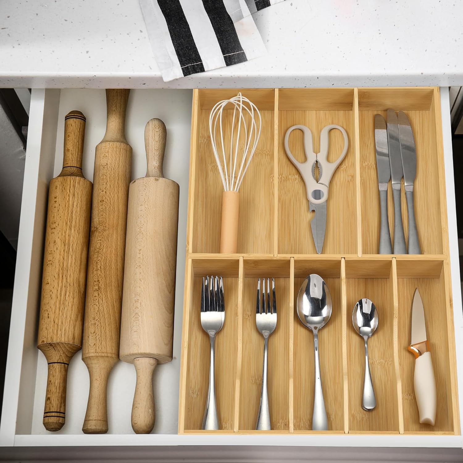 Fabsome Silverware Organizer for Kitchen Drawers, 2.5'' Deep 12.8'' Wide Bamboo Wood Flatware Tray