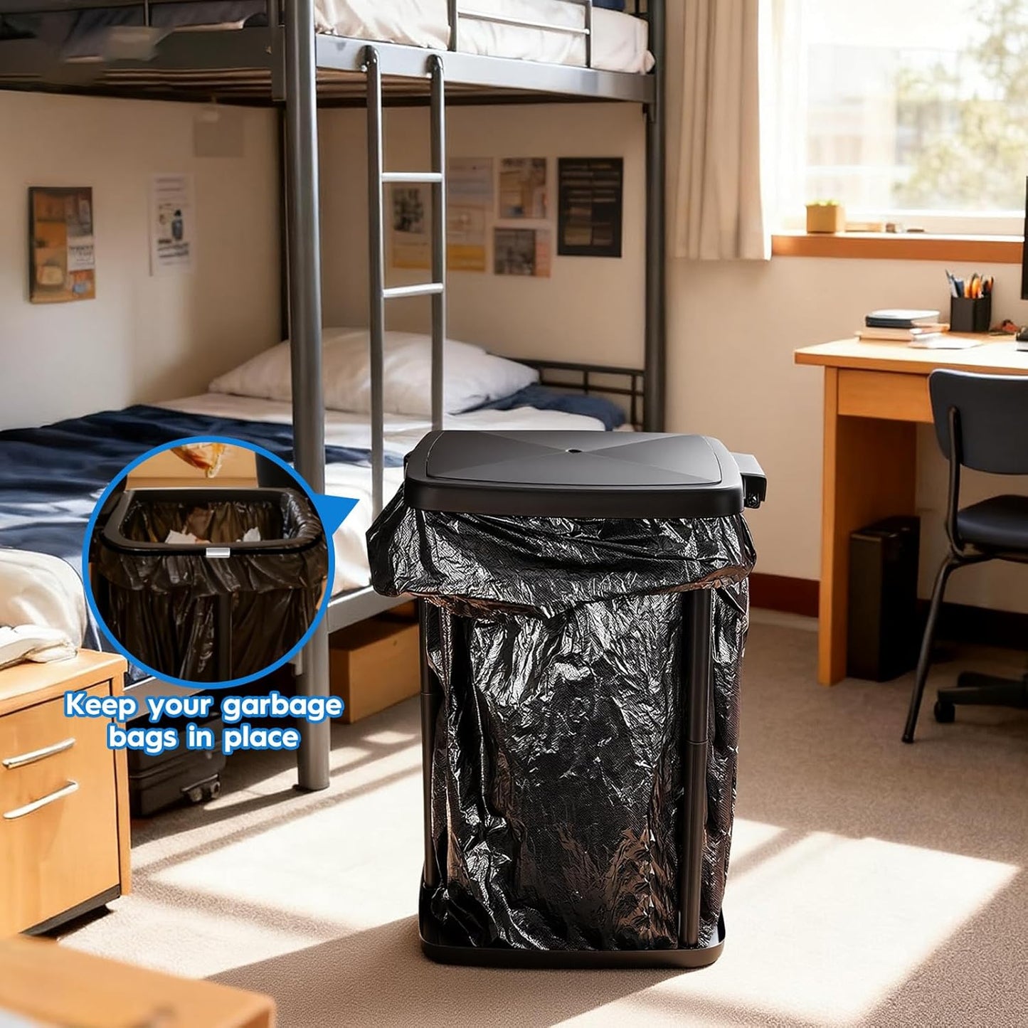 Portable Trash Bag Holder Collapsible Garbage Bin with Lid and Bands, Expandable Indoor Outdoor