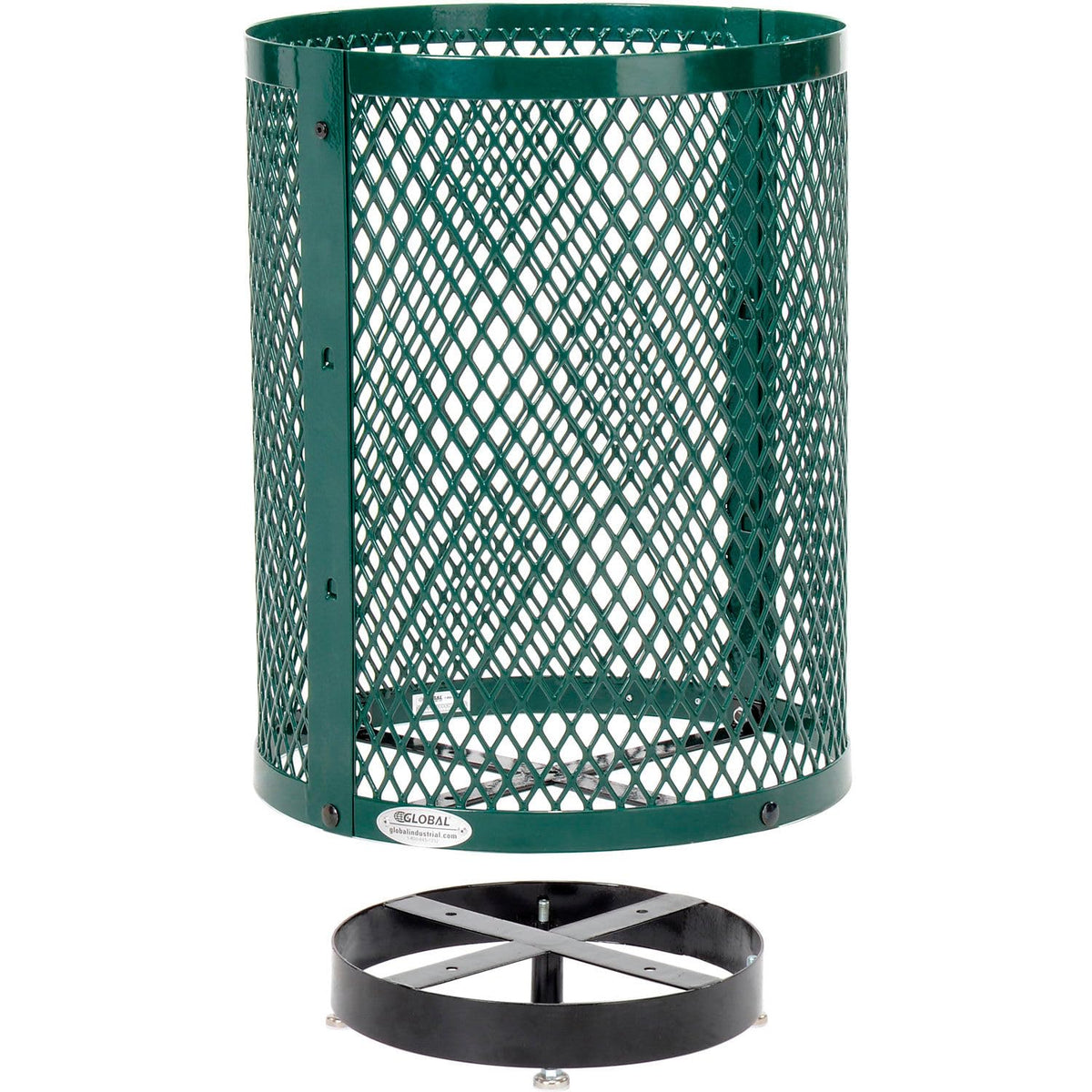 Global Industrial Outdoor Diamond Steel Trash Can with Rain Bonnet Lid, Raised Base and Plastic