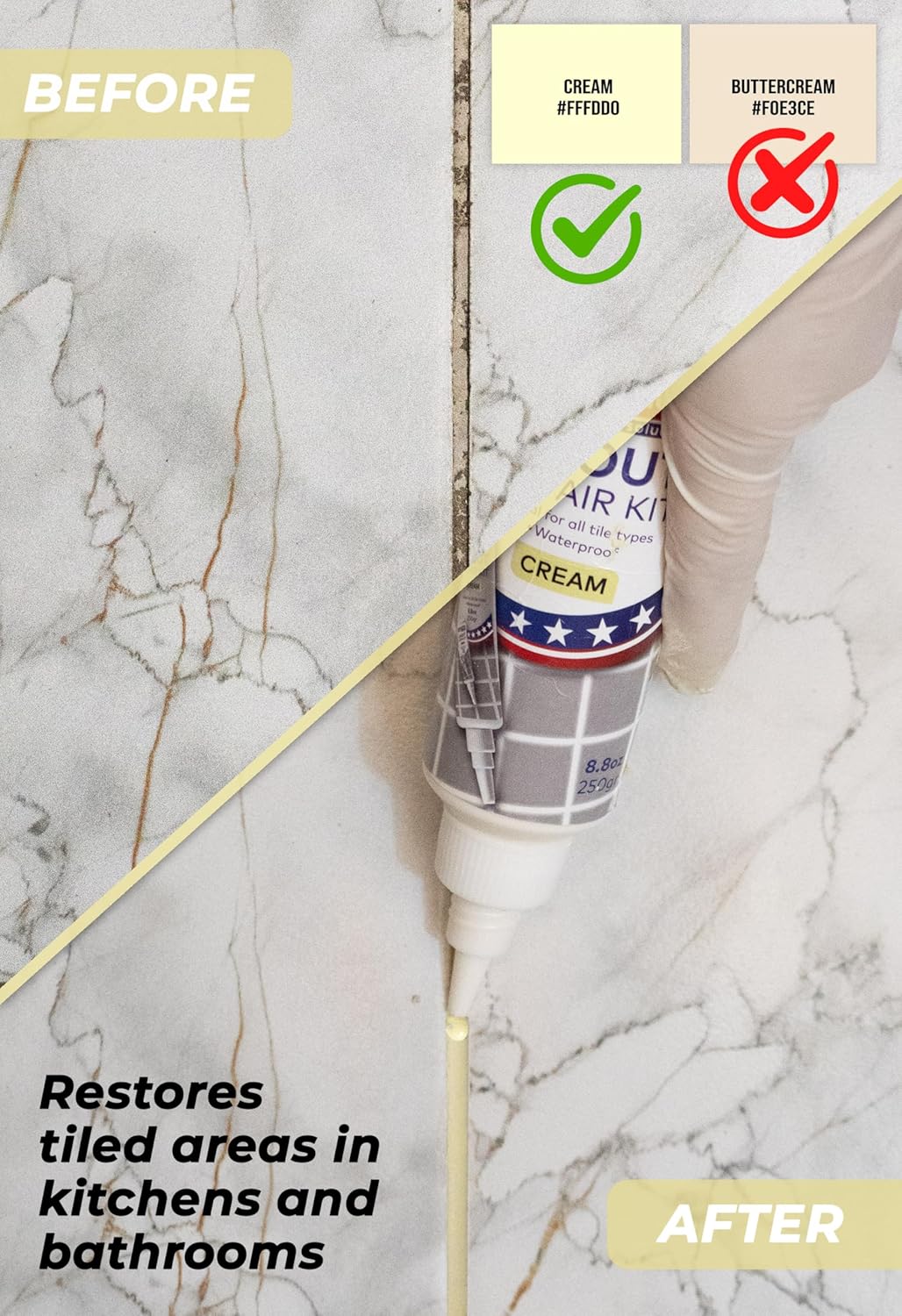 Tile Grout Repair, Cream 8.8 oz/250gr. Fast Drying Grout Repair Kit, Grout Filler Tube Repair Kit