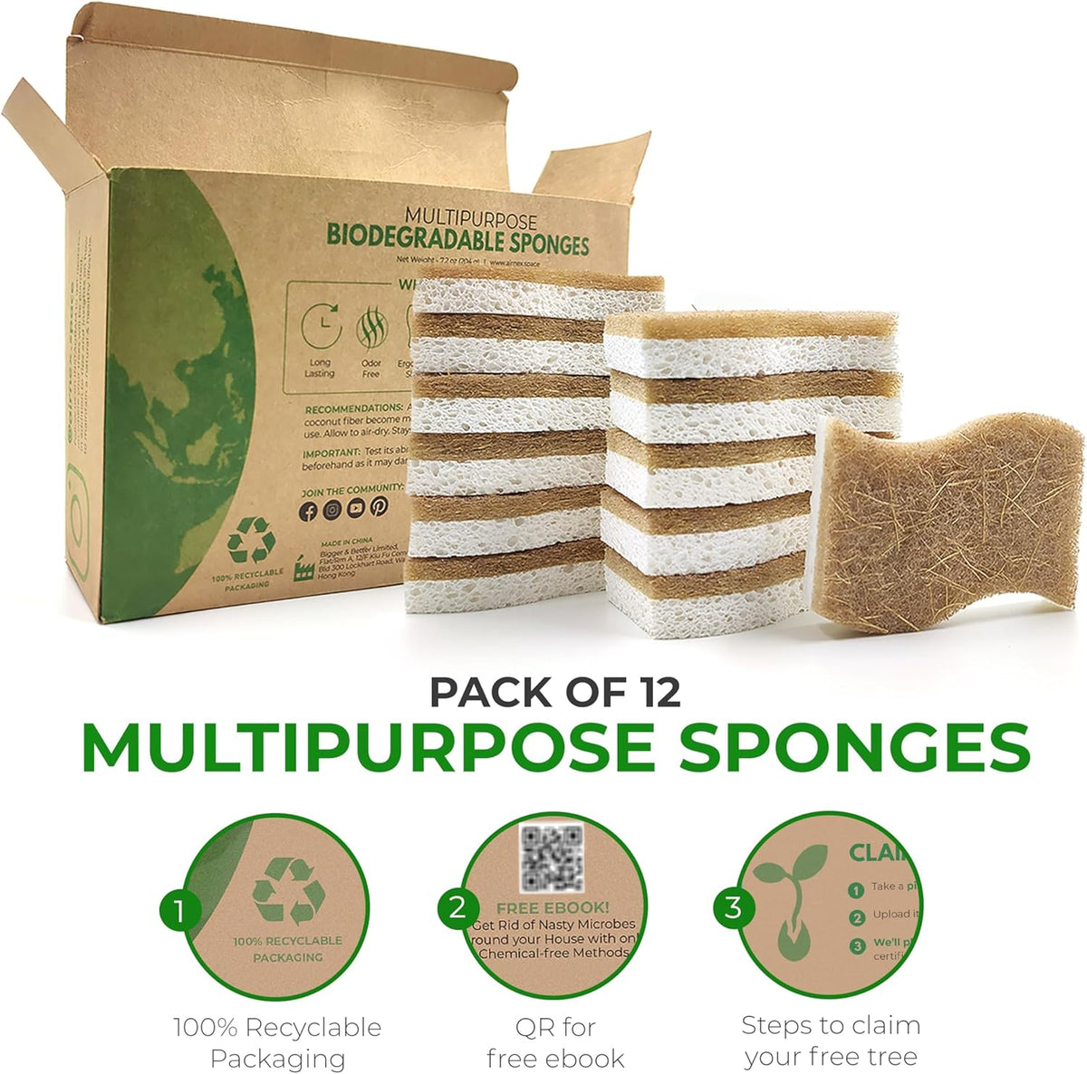 Biodegradable Natural Kitchen Sponge - Compostable Cellulose and Coconut Walnut Scrubber Sponge (12