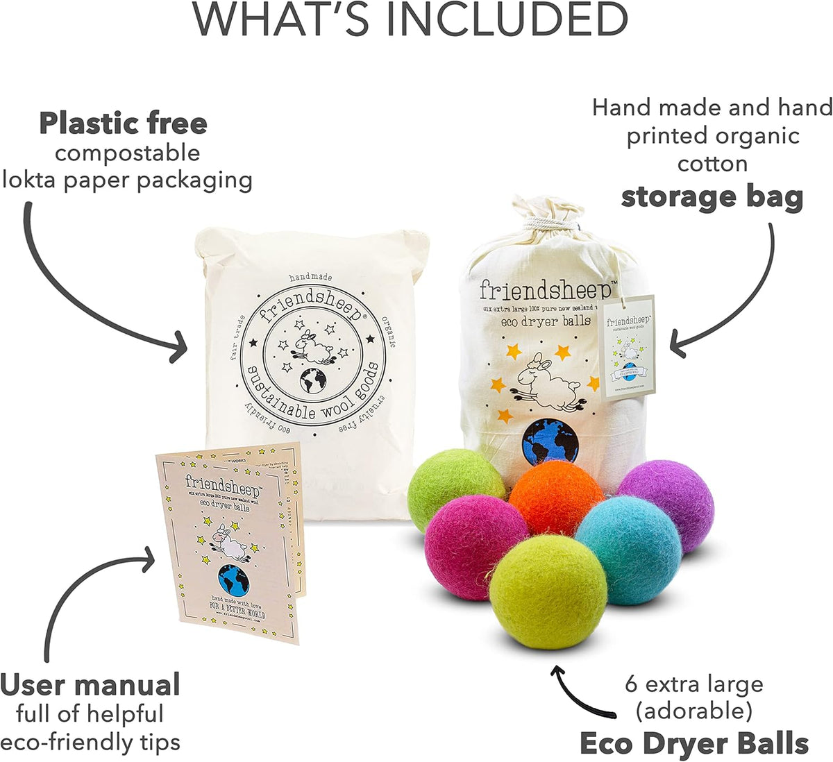 Friendsheep Wool Dryer Balls 6 Pack XL Organic Premium Reusable Cruelty Free Handmade Fair Trade No