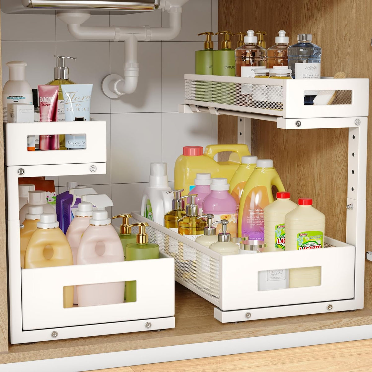 2 Pack 17IN Depth Under Sink Storage Organizer, Large 2-Tier Elegant Mesh Pull Out Shelf for