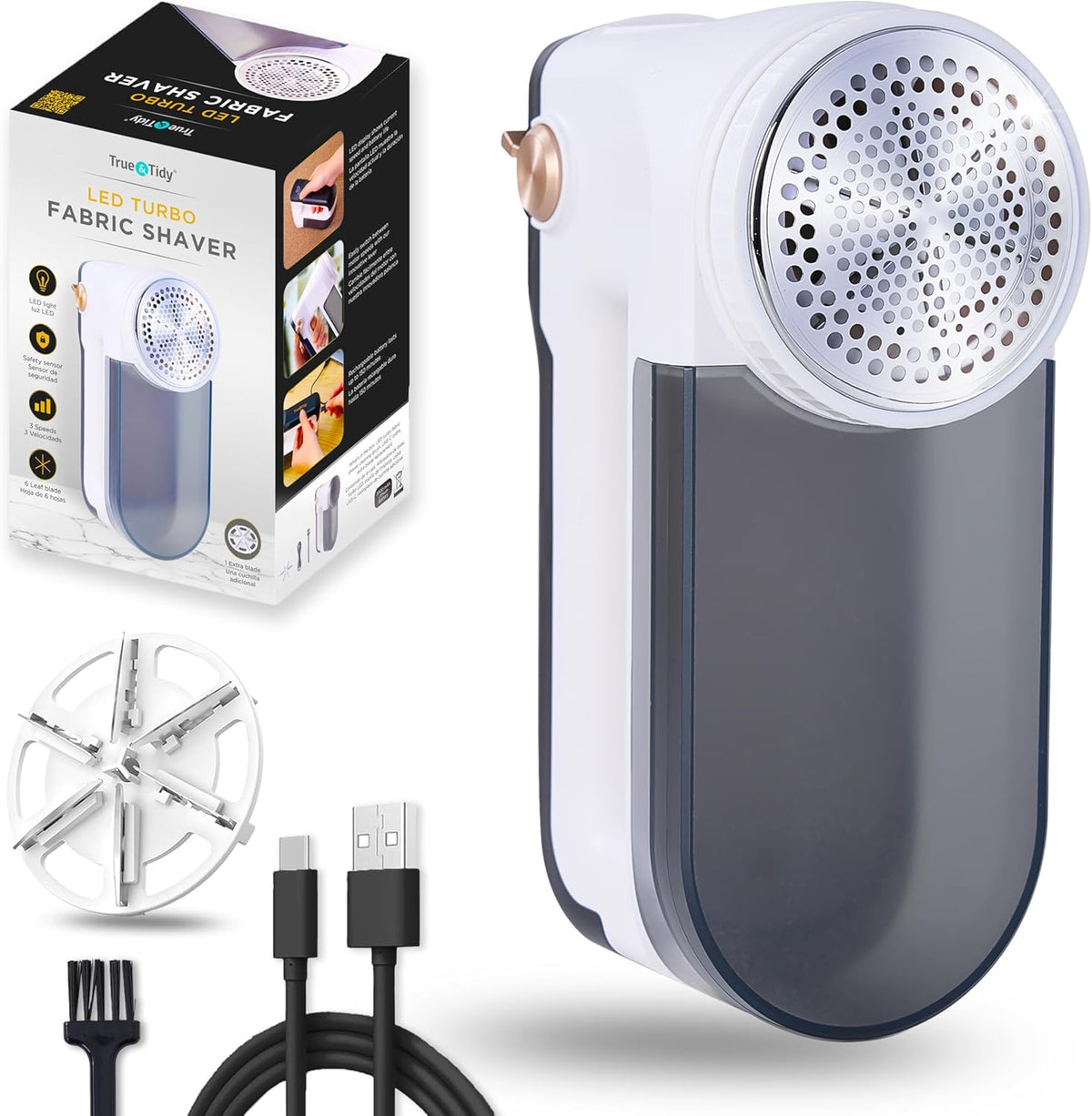 True & Tidy XL Rechargeable Fabric Shaver with Light, 6-Leaf Steel Blades, 3-Speed Motor, LED