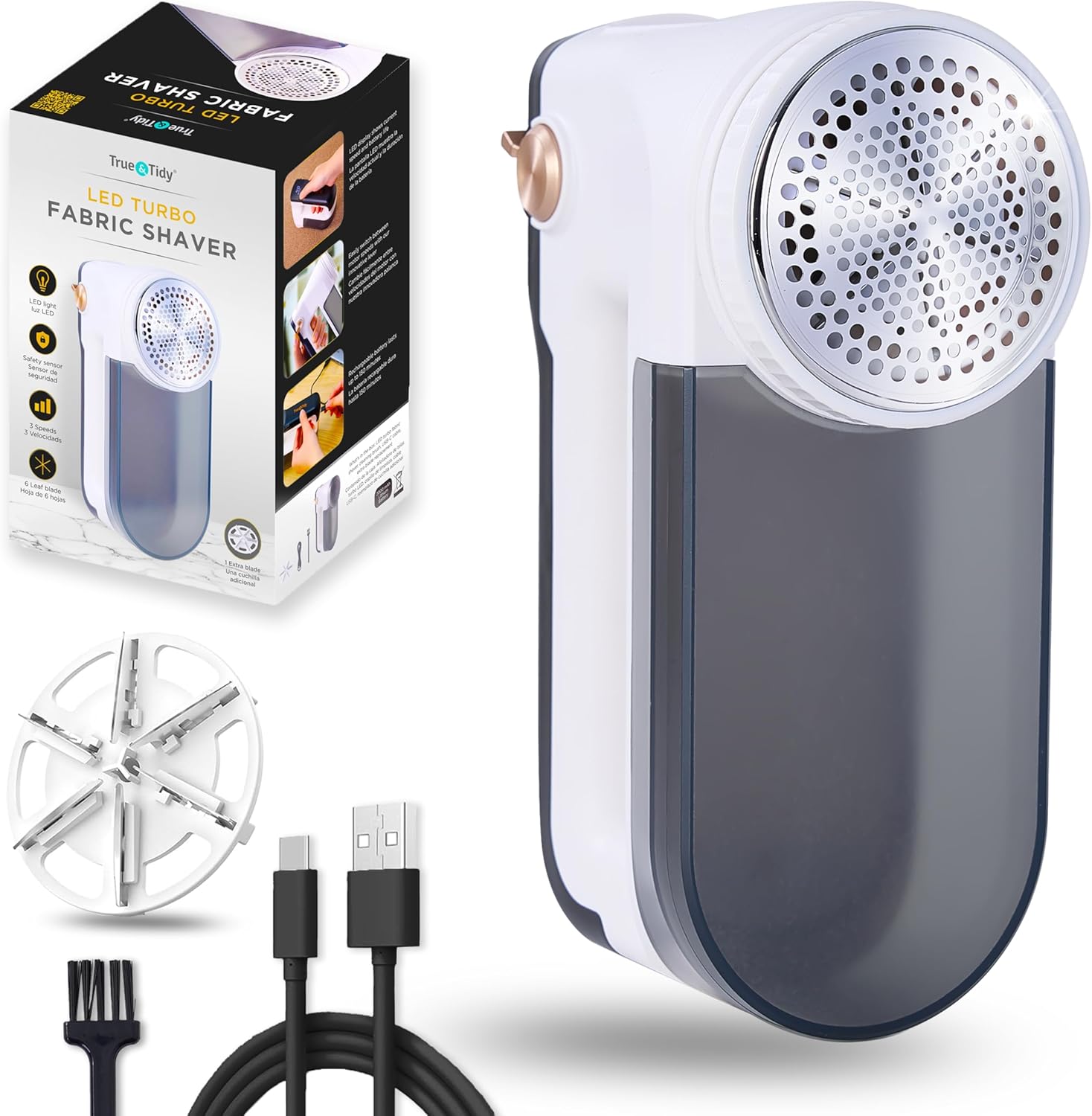 True & Tidy XL Rechargeable Fabric Shaver with Light, 6-Leaf Steel Blades, 3-Speed Motor, LED