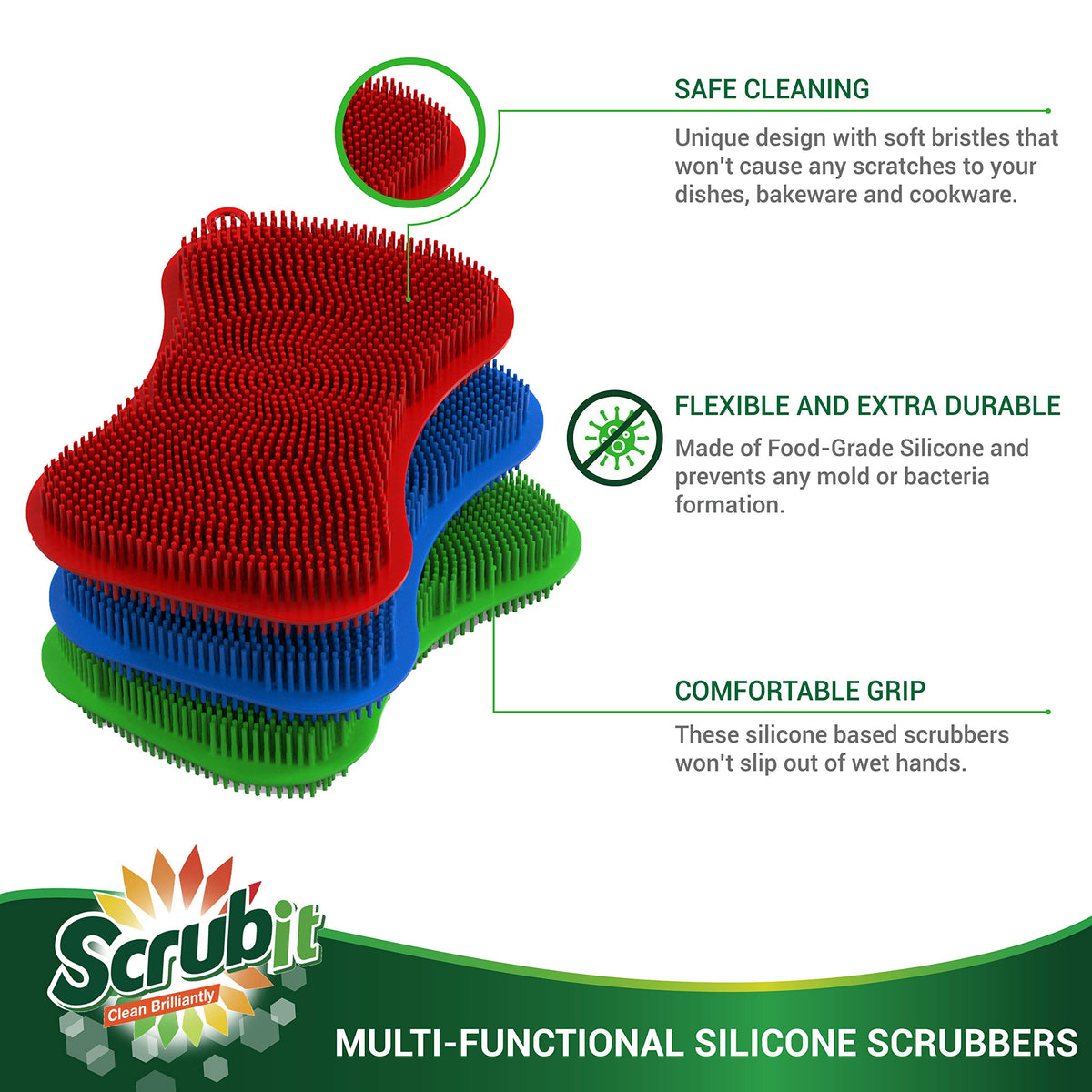 6 Pack Silicone Scrubbing Sponge by SCRUBIT, Multi-Colored Pads [Red – view 6
