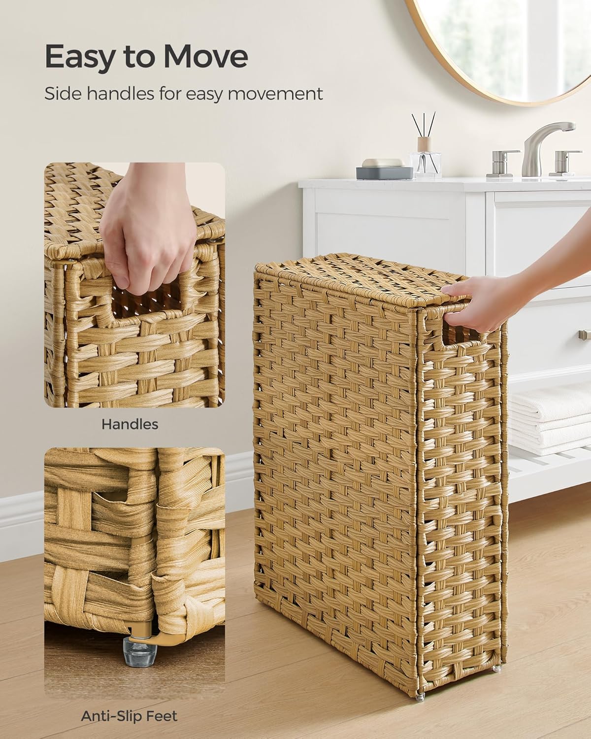 SONGMICS Slim Laundry Hamper with Lid, 14.5 Gallon (55L) Rattan Clothes Laundry Basket with Lid and
