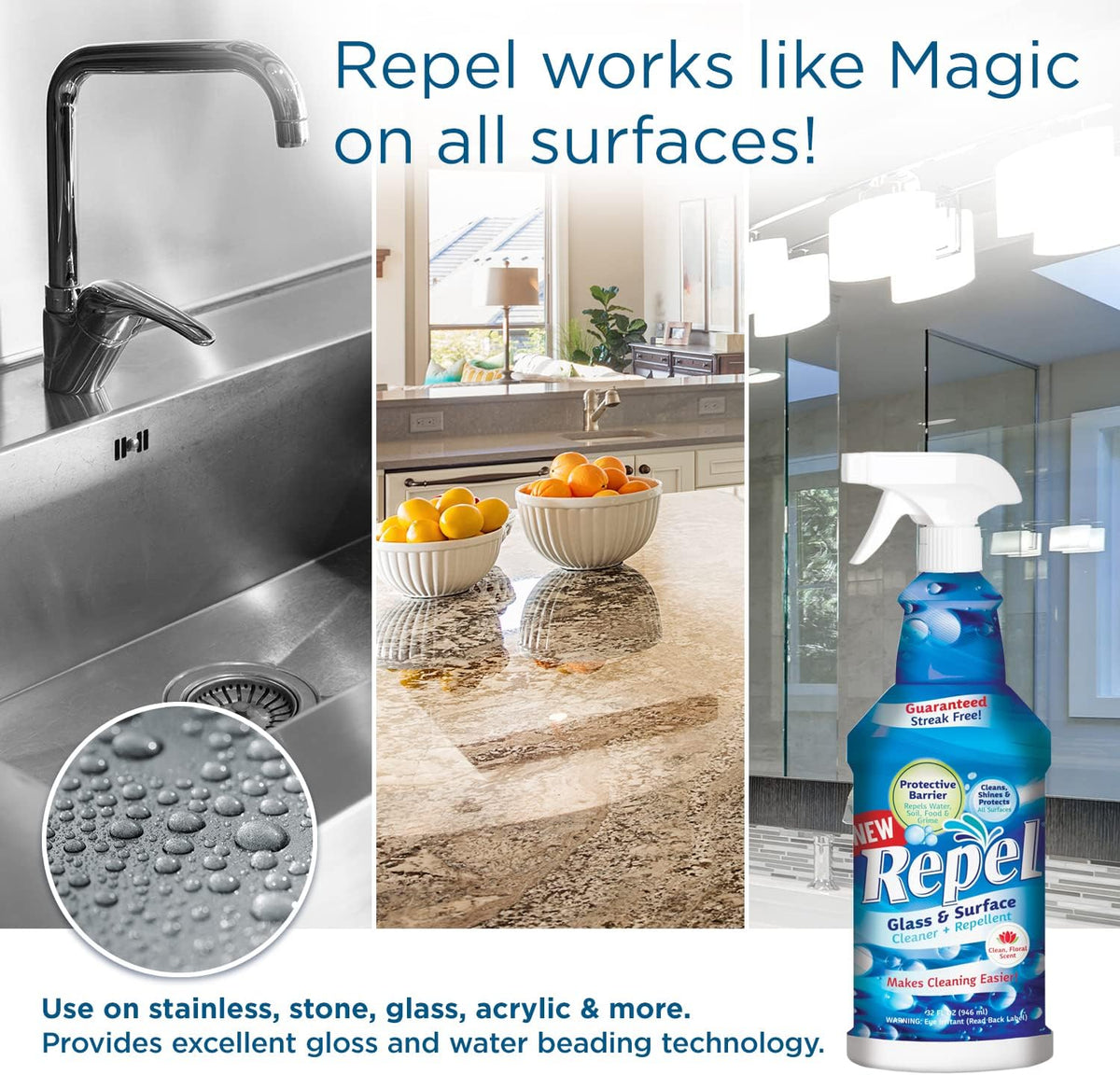 Clean-X REPEL Glass & Surface Cleaner 32 fl. oz. - Cleans & Repels water spots and dirt on glass