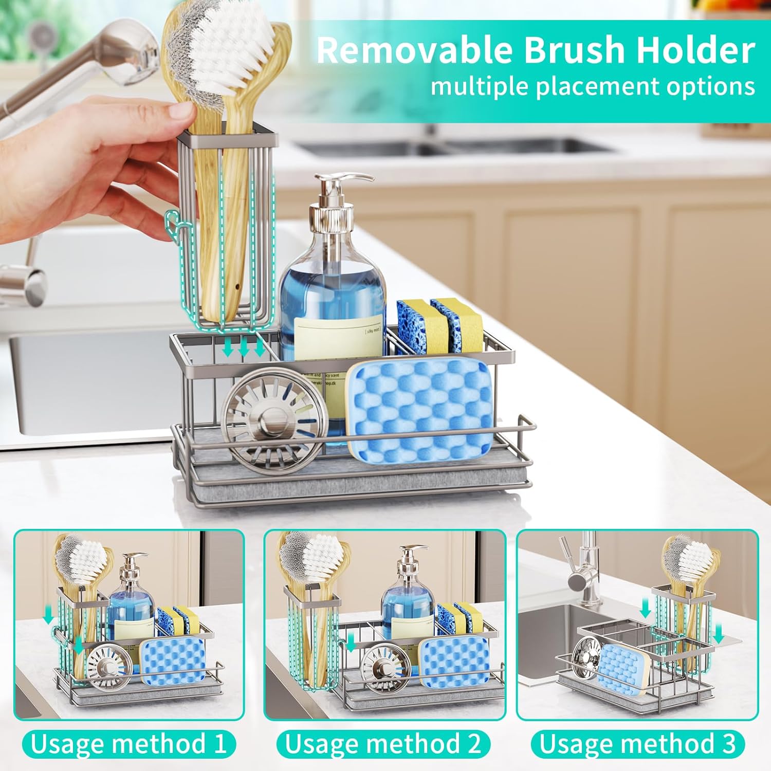 HapiRm Sink Caddy Sponge Holder - Kitchen Sink Organizer with Instant Drying Stone and Brush