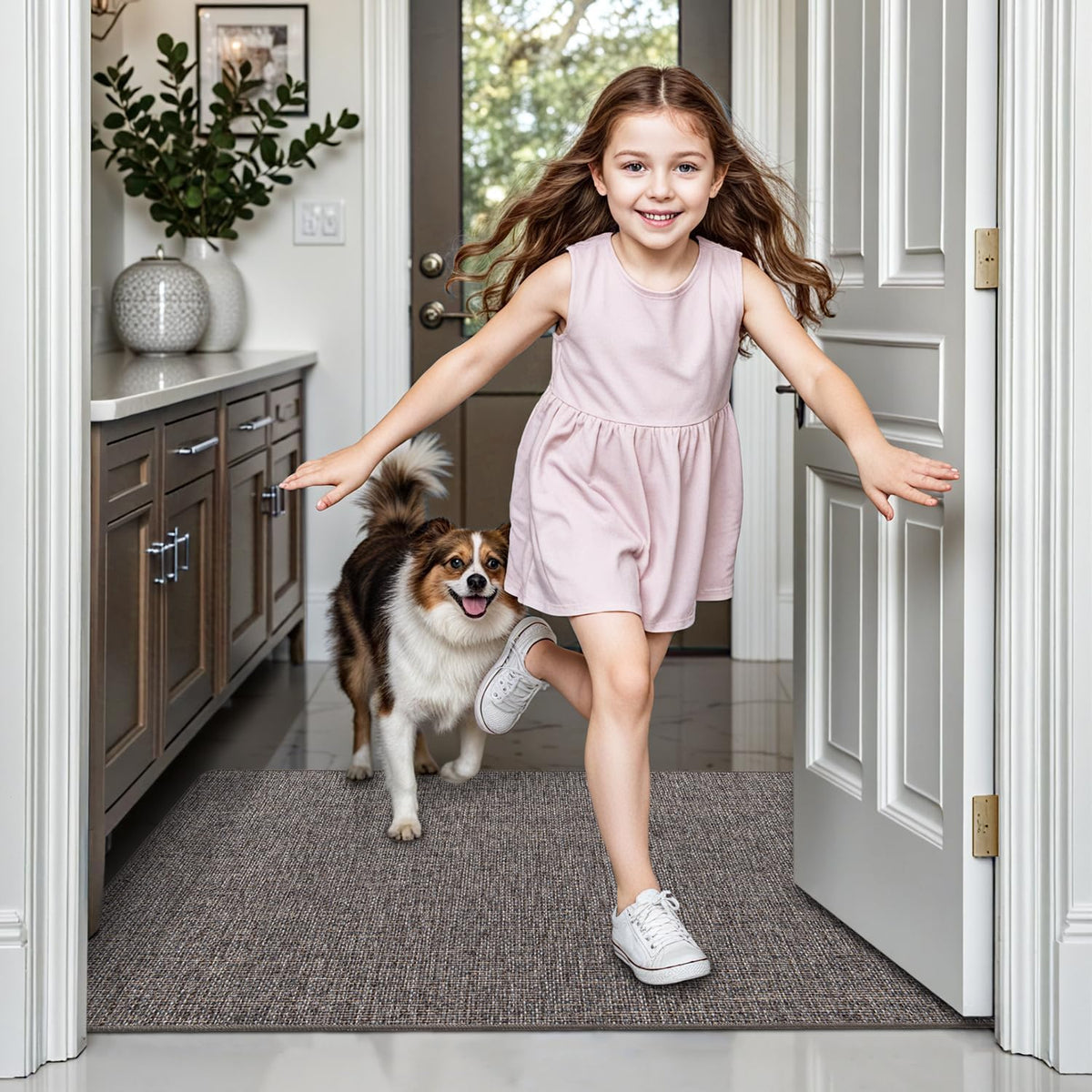 LUMI Ultra Thin Door Mat for Entryway, Low Profile Non Slip Rubber Backing Indoor Doormat, Easy