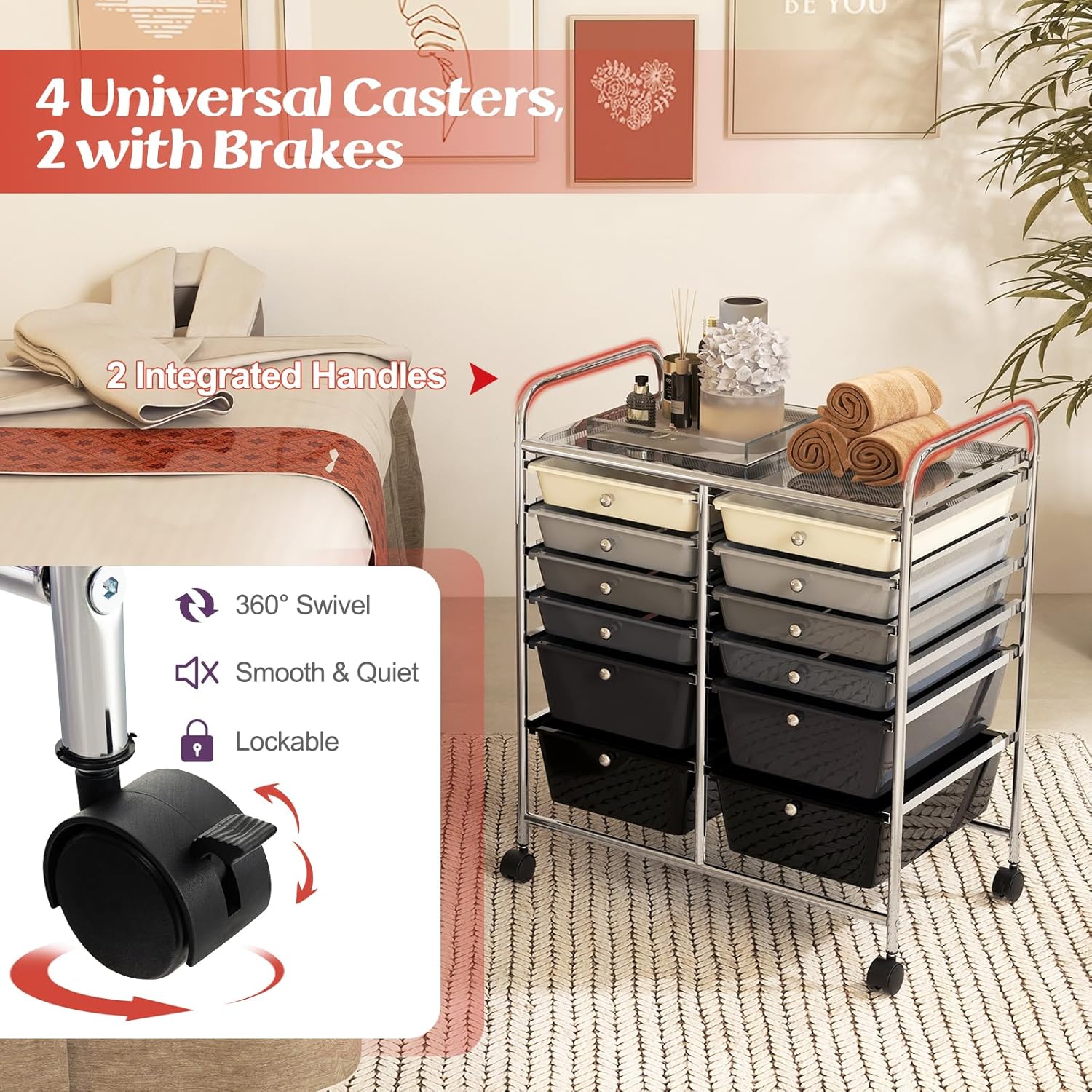 GOFLAME 12-Drawer Rolling Storage Cart, Multipurpose Organizer Cart with 2 Sizes Plastic Drawers