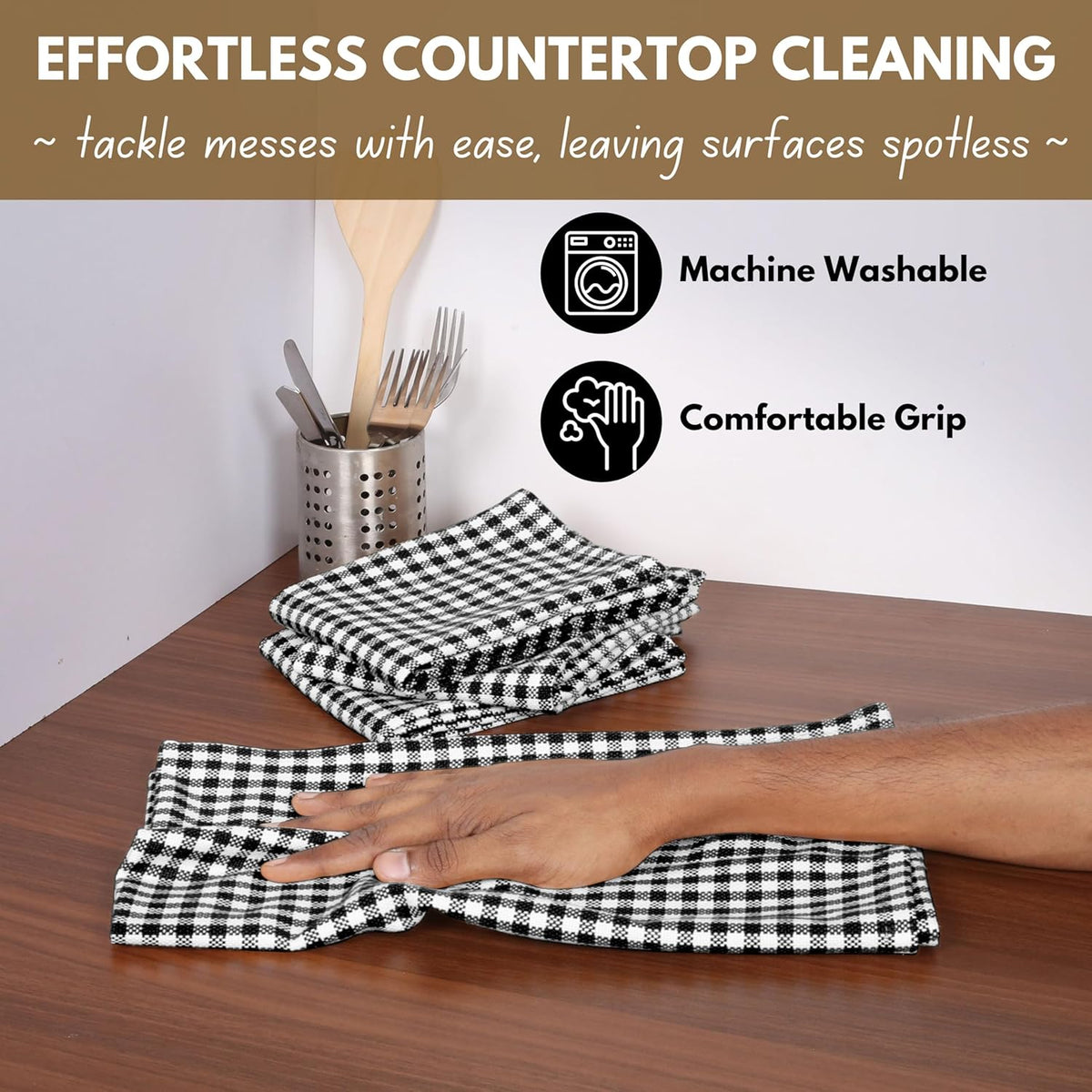 Native Fab Black Gingham Dish Towels 16"x26" Set of 12 - Cotton Mini Check Plaid Towels, Soft