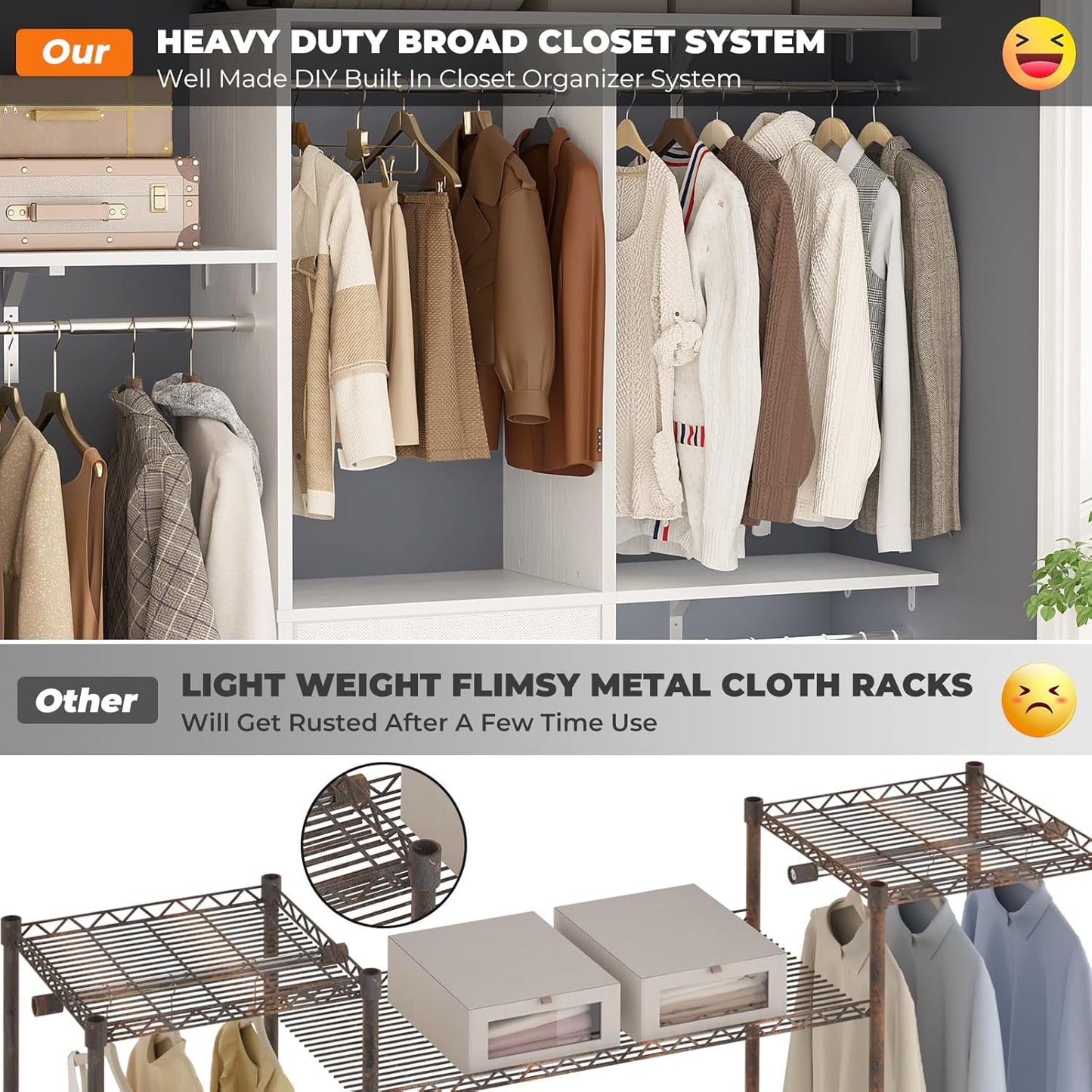 Armocity 5FT Small Closet System with 3 Fabric Drawers, 60 Inches Walk In Closet Organizer System