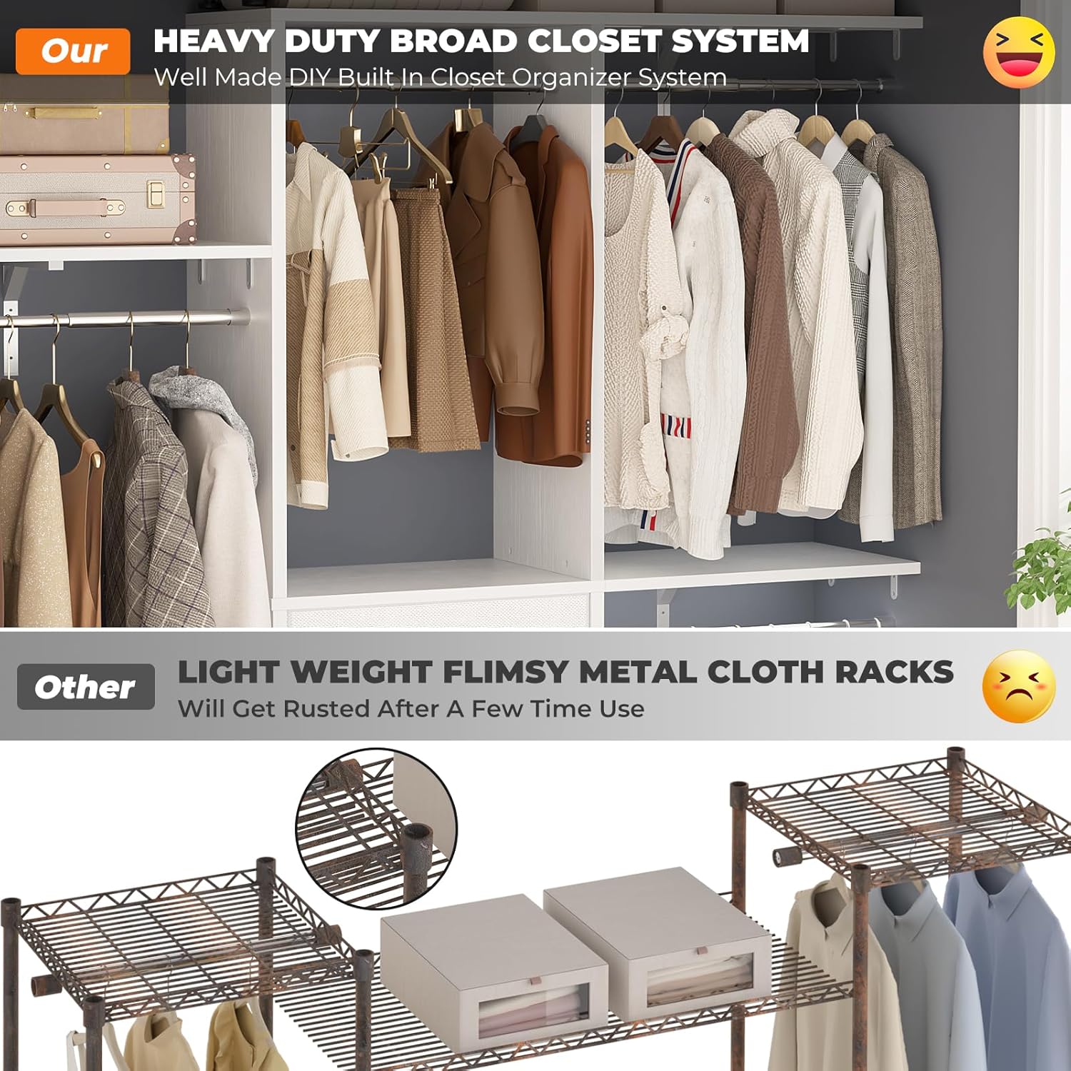 Armocity 5FT Small Closet System with 3 Fabric Drawers, 60 Inches Walk In Closet Organizer System