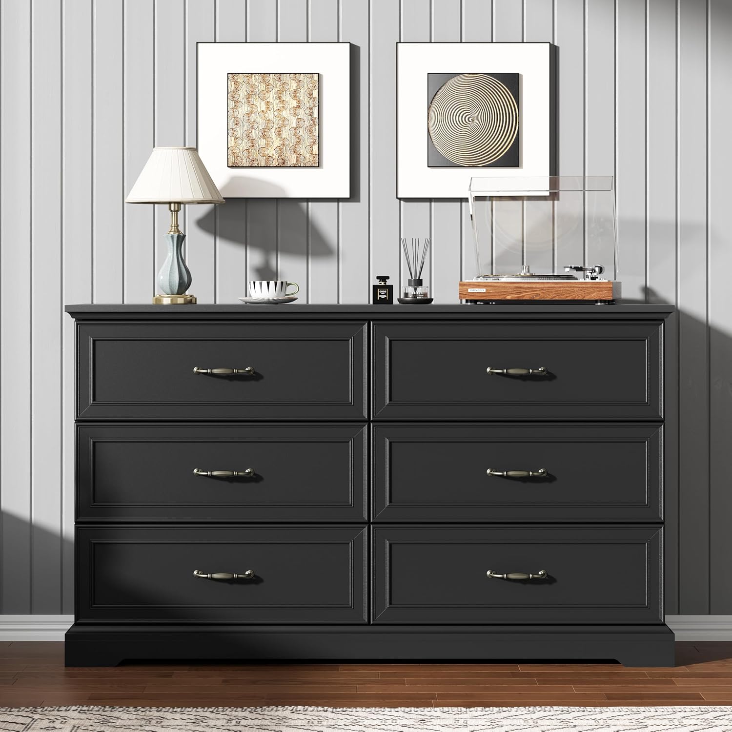 6 Drawer Dresser for Bedroom, 53" Wide Wooden Chest of Drawers, Rustic Farmhouse Dresser with Large