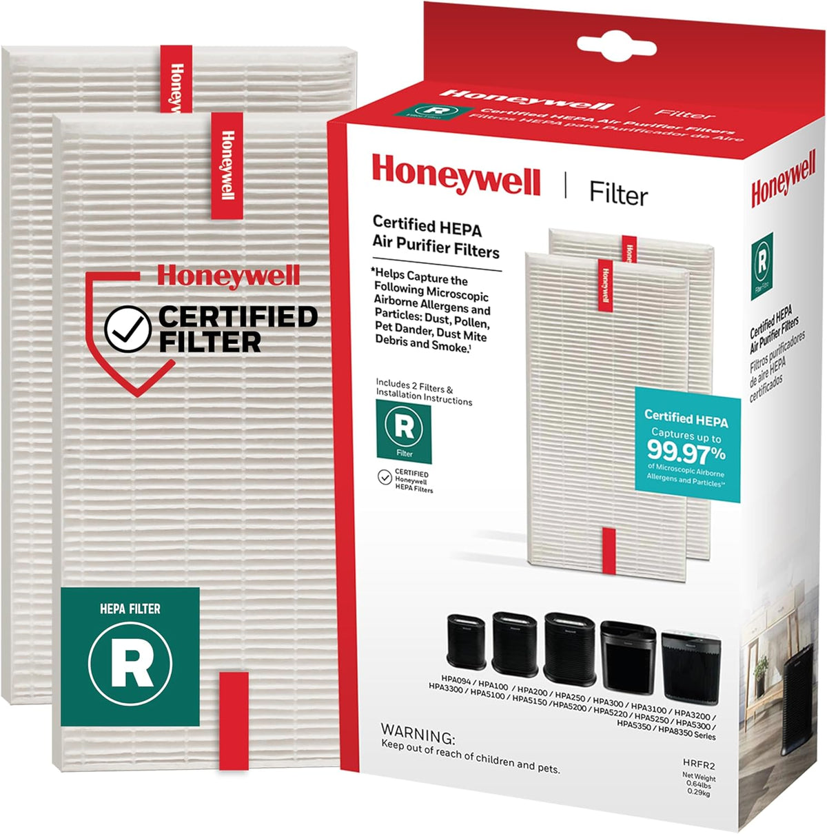 Honeywell HEPA Air Purifier Filter R, 2-Pack for HPA 100/200/300 and 5000 Series - Airborne
