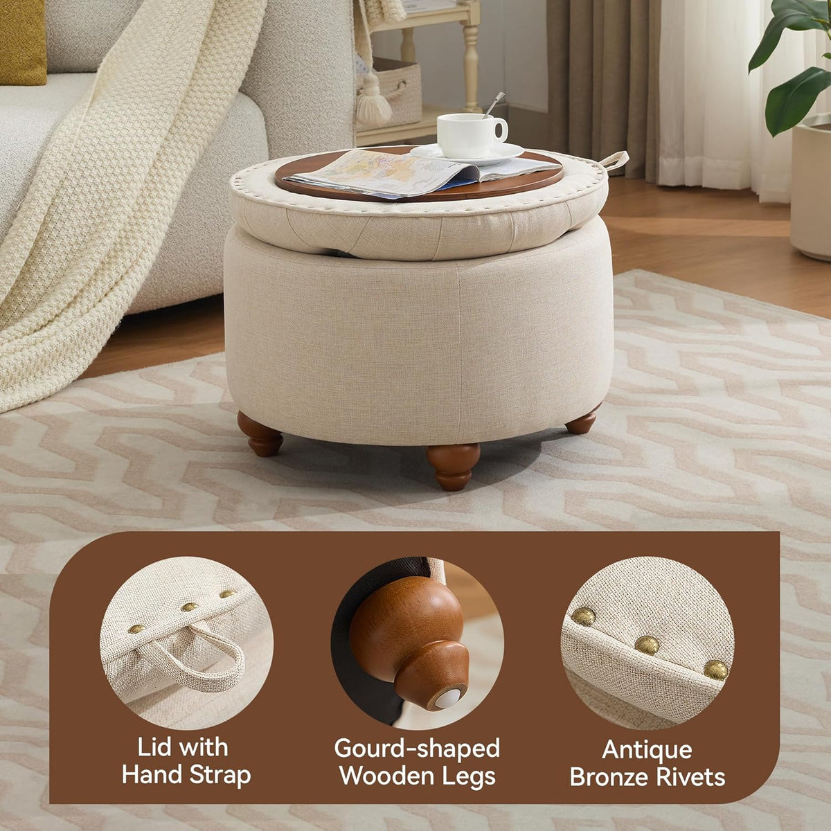 24Inch Round Storage Ottoman with Tray, Modern Tufted Fabric Circle Coffee Table with Storage