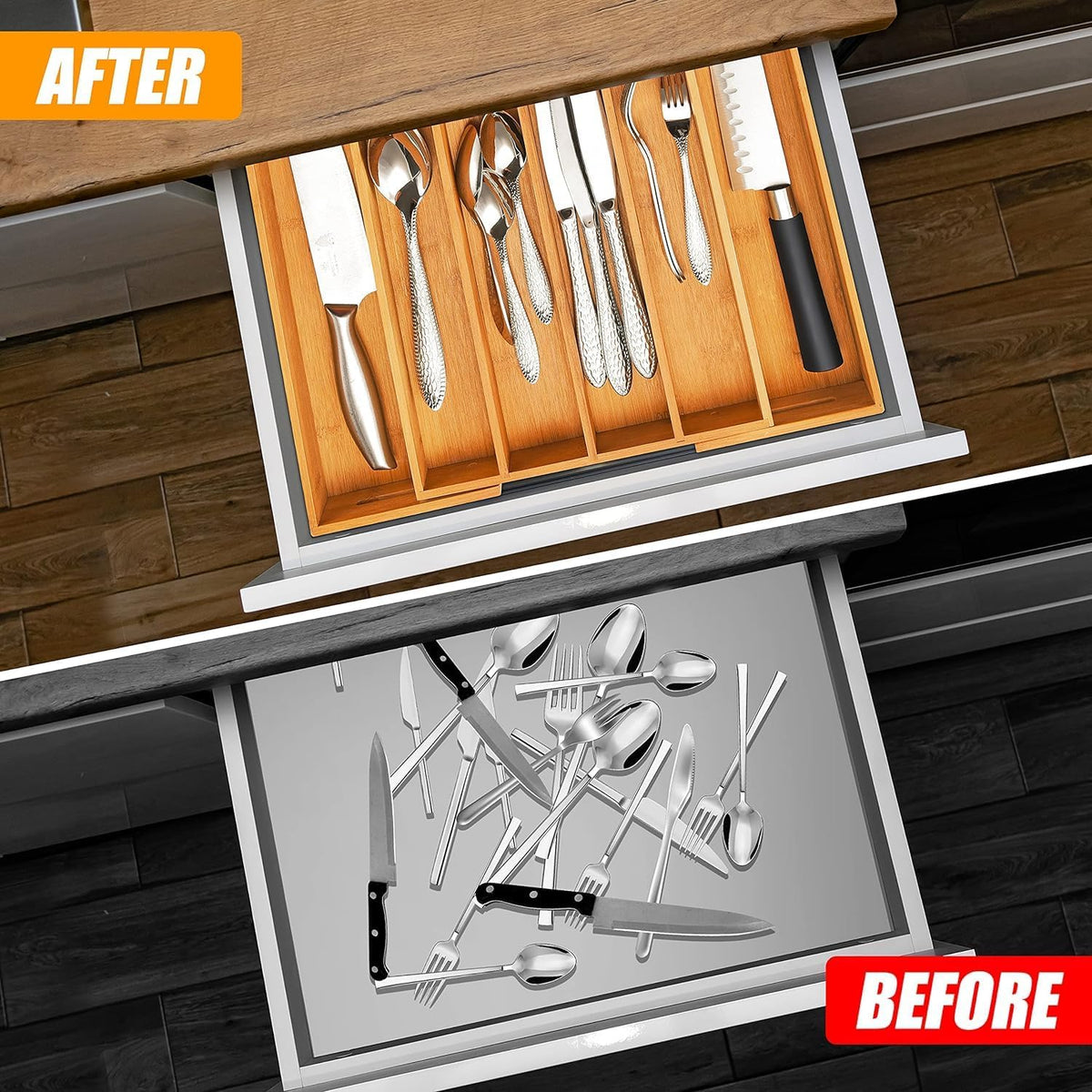 Kitchen Silverware Drawer Organizer and Storage Flatware Cutlery Utensil Holder Spice Rack