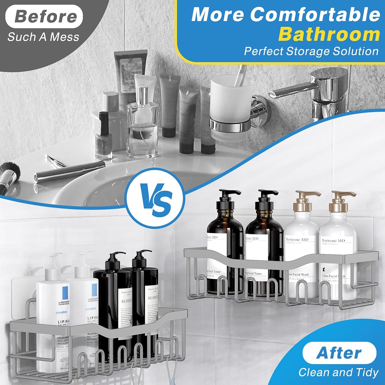EUDELE 5-Pack Rustproof Stainless Steel Shower Caddy – No Drill Adhesive Bathroom Organizer with
